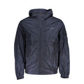Veste en nylon bleu pour homme de la marque Tommy Hilfiger, vue de face avec fermeture éclair et col côtelé.