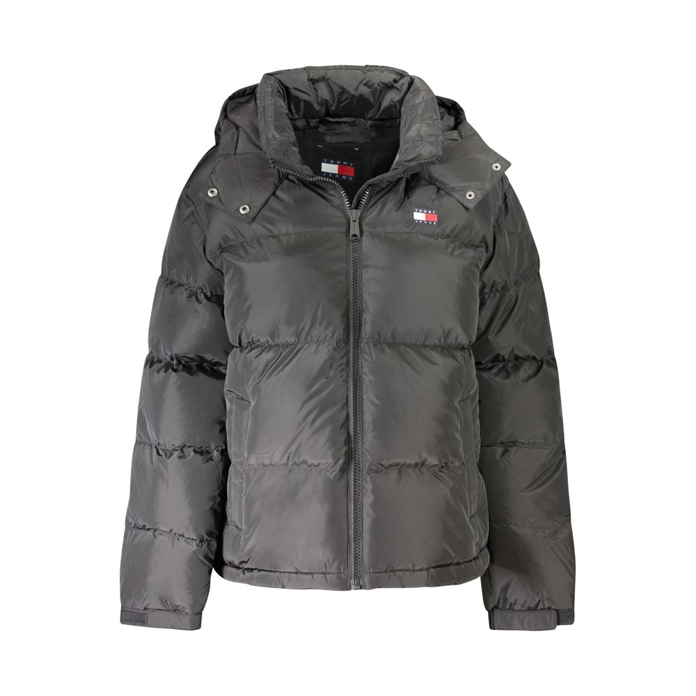Veste en polyester noire pour femmes Tommy Hilfiger avec capuche amovible, mode décontractée et pratique.