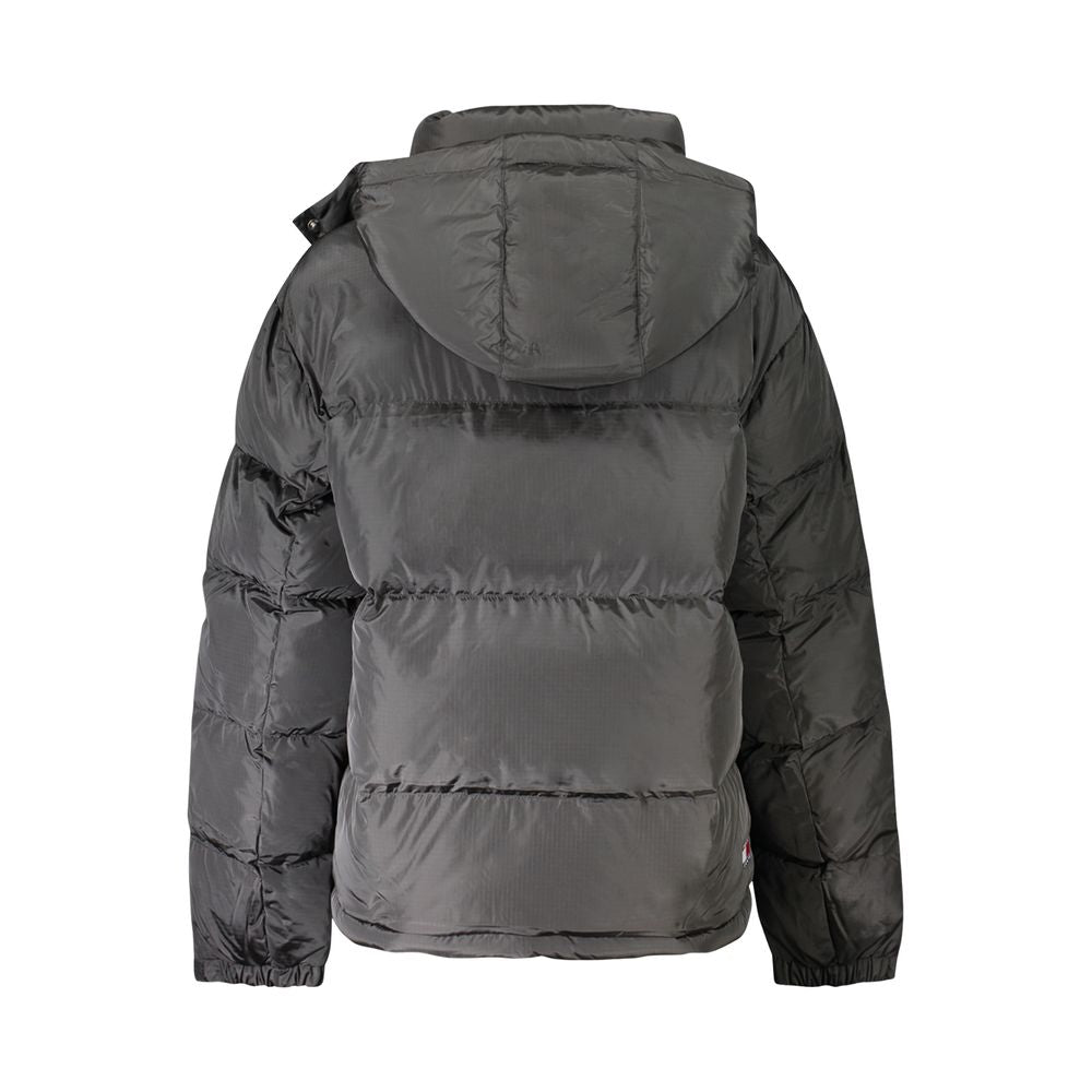Veste en polyester noire pour femmes Tommy Hilfiger avec capuche amovible, style décontracté et détails modernes.