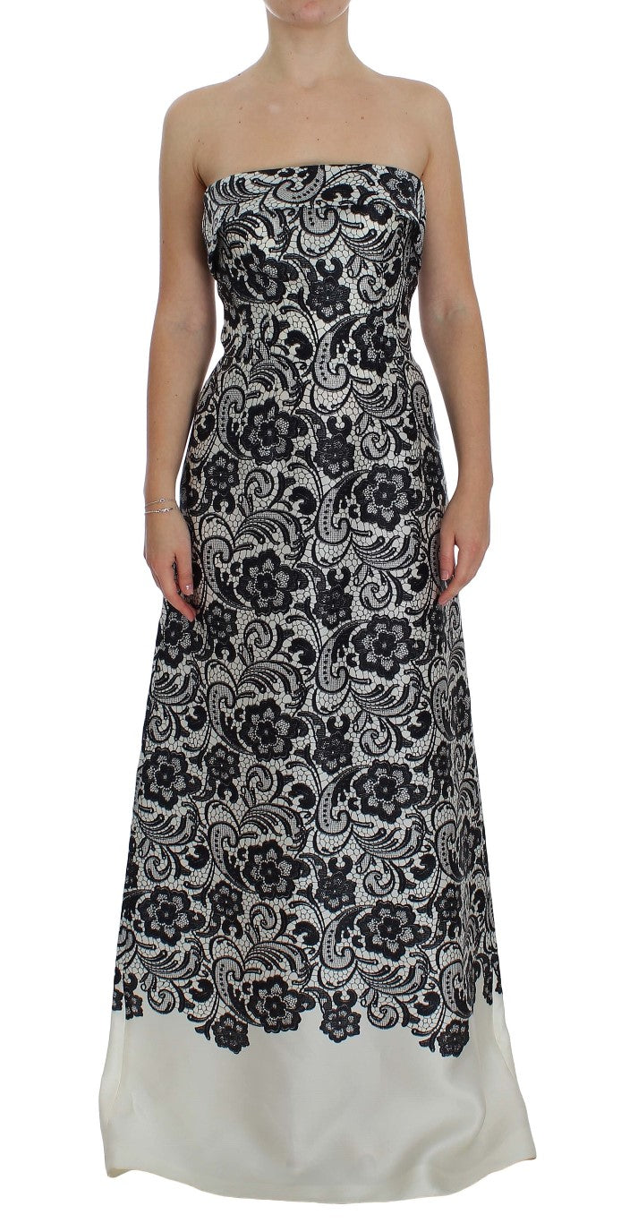 Robe longue en soie blanche à broderie florale en dentelle, corset Dolce & Gabbana, élégante et sophistiquée.