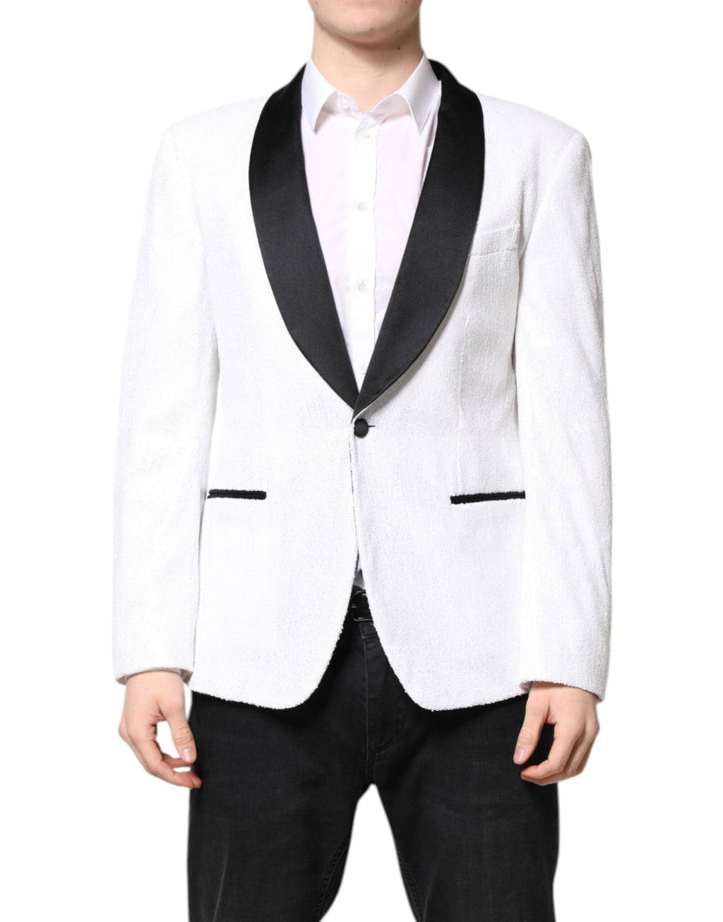Veste blazer blanche en nylon Dolce & Gabbana, coupe simple et élégante avec boutons devant, vue de face.