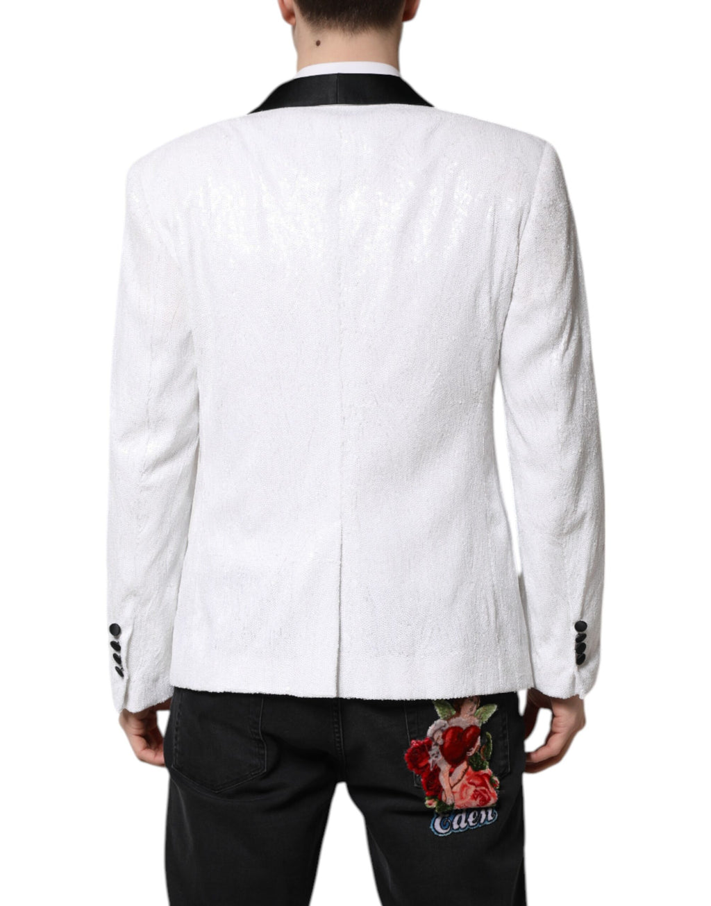 Manteau blazer blanc en nylon Dolce & Gabbana à boutonnière simple, vue de face sur fond neutre.