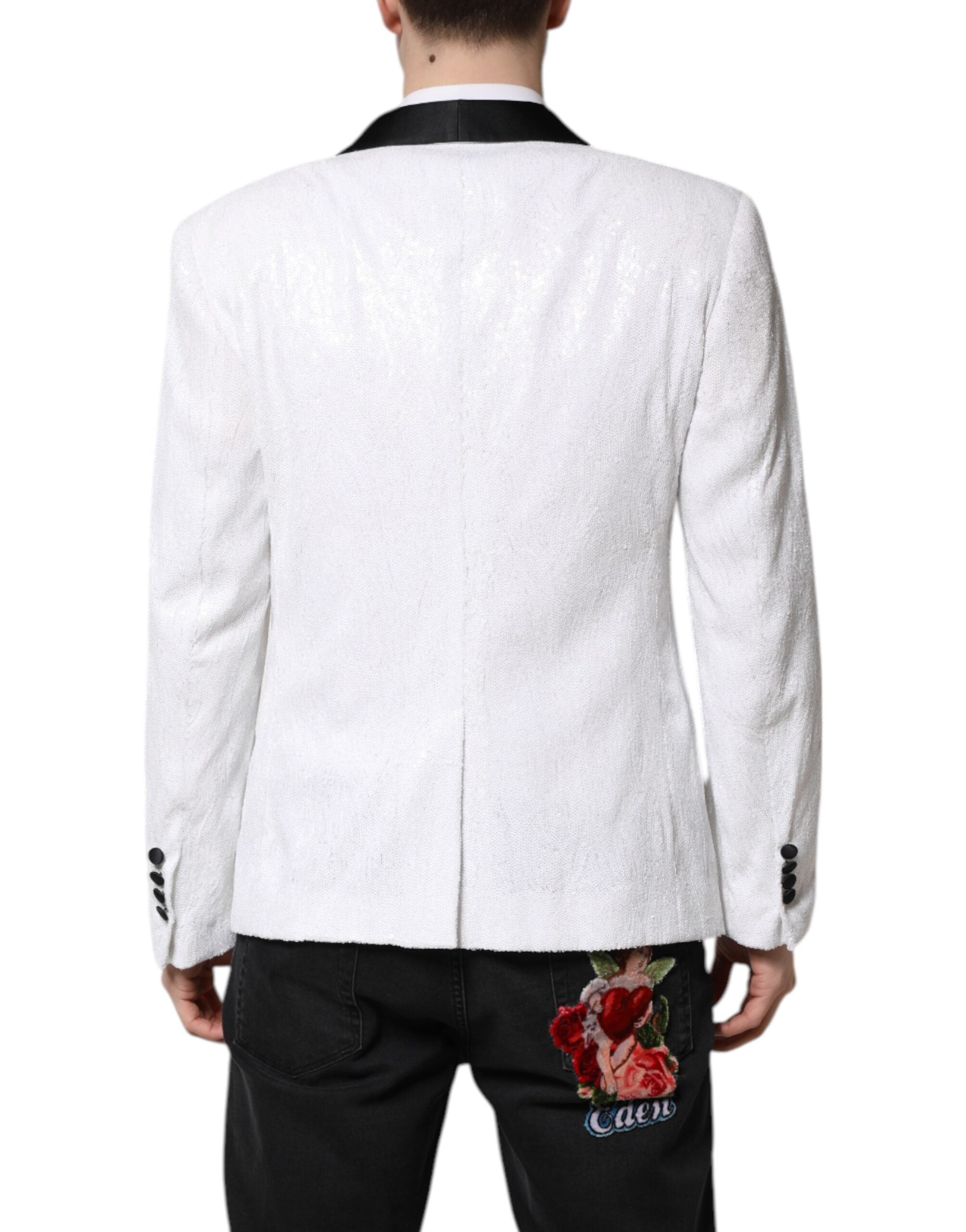 Manteau blazer blanc en nylon Dolce & Gabbana à boutonnière simple, vue de face sur fond neutre.