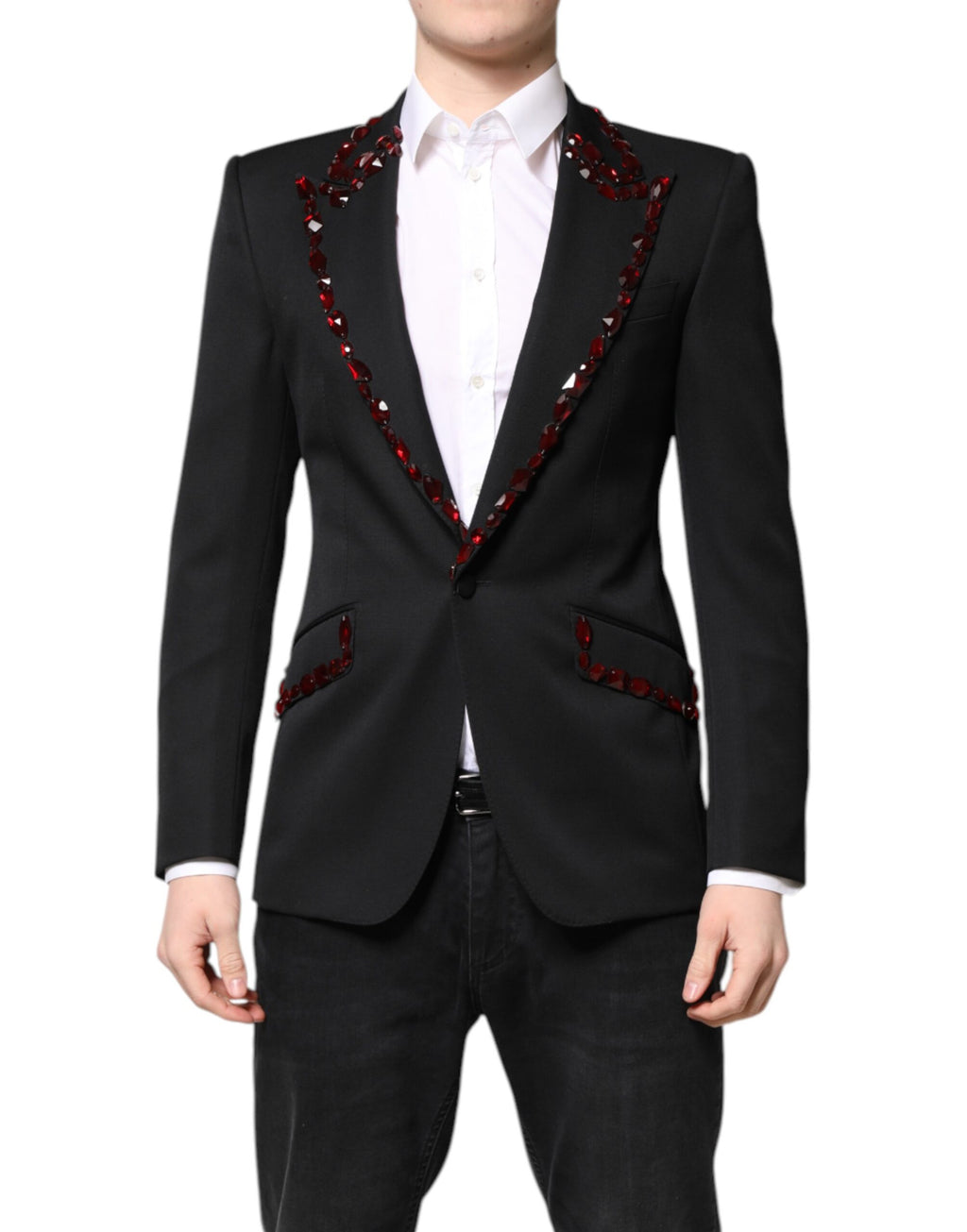 Manteau blazer noir Dolce & Gabbana Sicilia orné de cristaux, vue de face avec détails élégants et broderies sophistiquées.