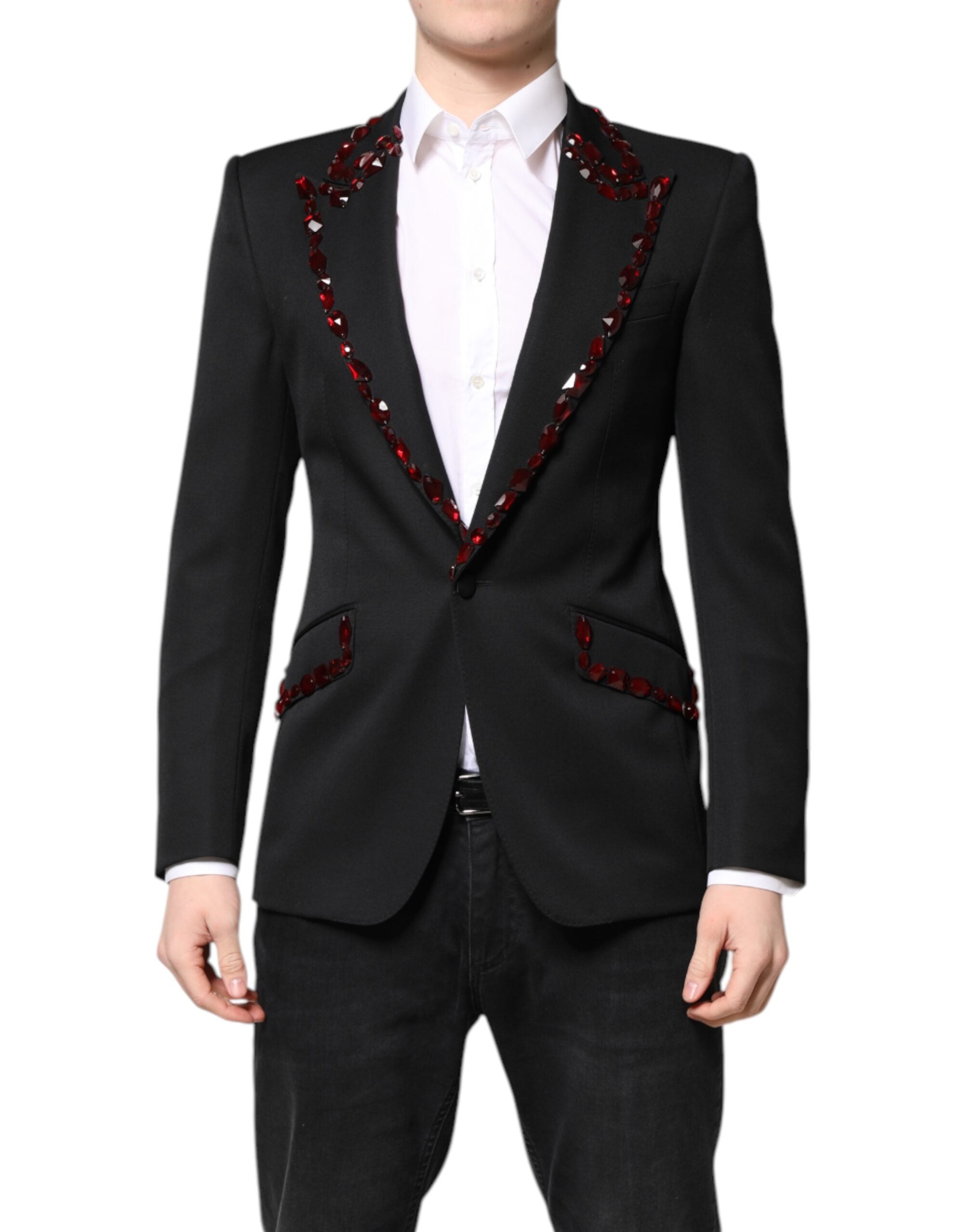 Manteau blazer noir Dolce & Gabbana Sicilia orné de cristaux, vue de face avec détails élégants et broderies sophistiquées.