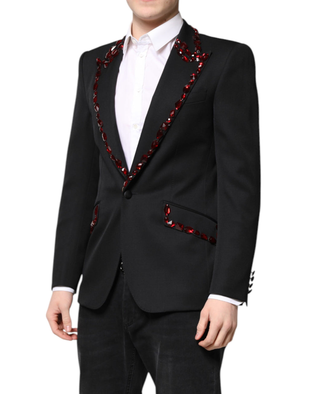 Manteau blazer noir Dolce & Gabbana Sicilia avec embellissements en cristaux, coupe élégante et détails sophistiqués.