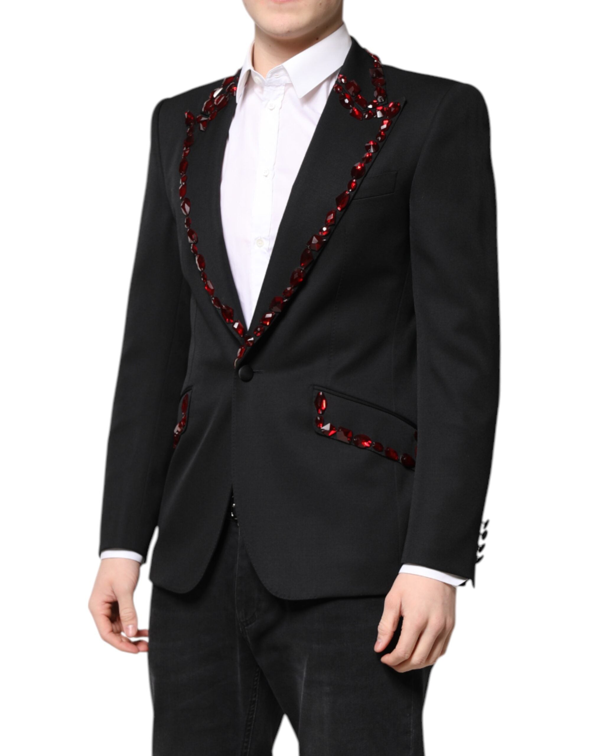Manteau blazer noir Dolce & Gabbana Sicilia avec embellissements en cristaux, coupe élégante et détails sophistiqués.