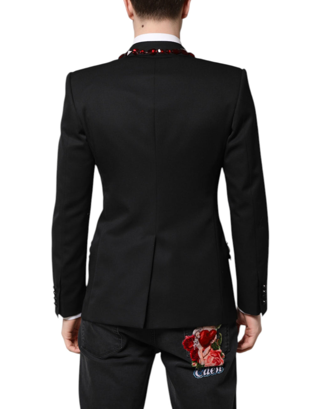 Blazer noir Dolce & Gabbana Sicilia ornée de cristaux, veste élégante en tissu sophistiqué, vue de face.