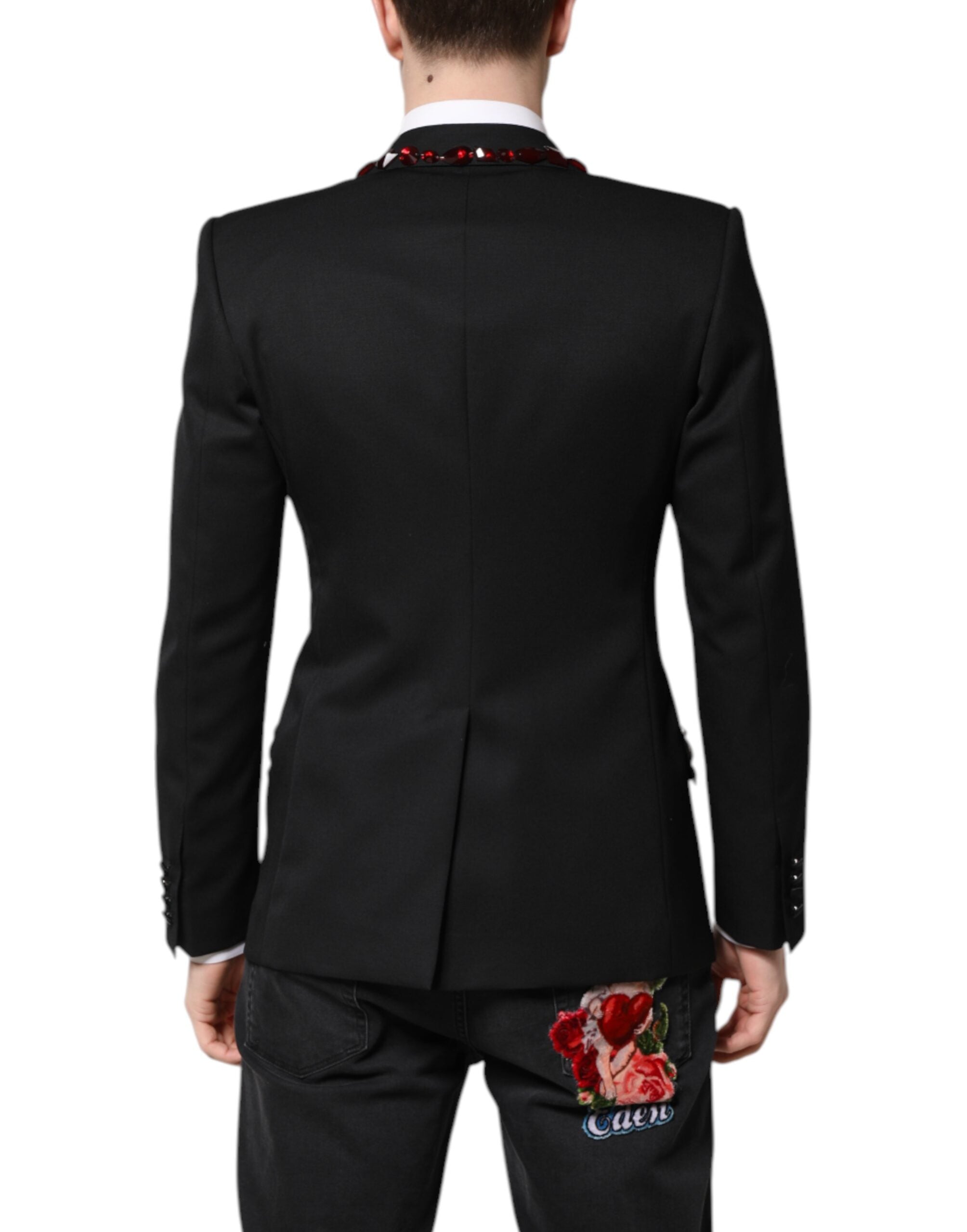 Blazer noir Dolce & Gabbana Sicilia ornée de cristaux, veste élégante en tissu sophistiqué, vue de face.