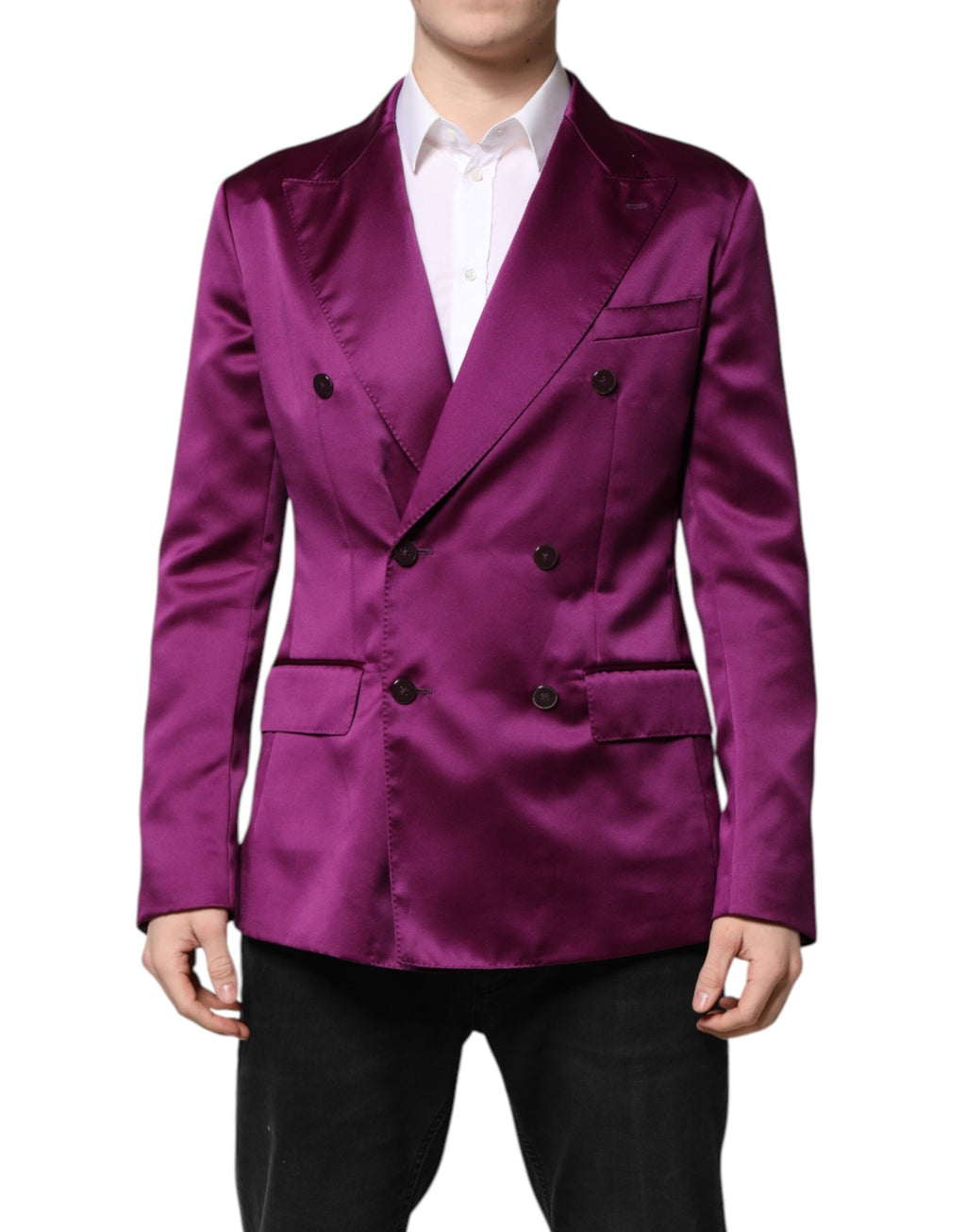 Costume pour homme Dolce & Gabbana violet à double boutonnage, blazer élégant en tissu de qualité.