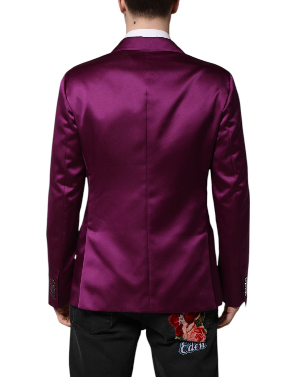 Costume pour homme Dolce & Gabbana violet double boutonnage, blazer élégant avec poches et revers classiques.