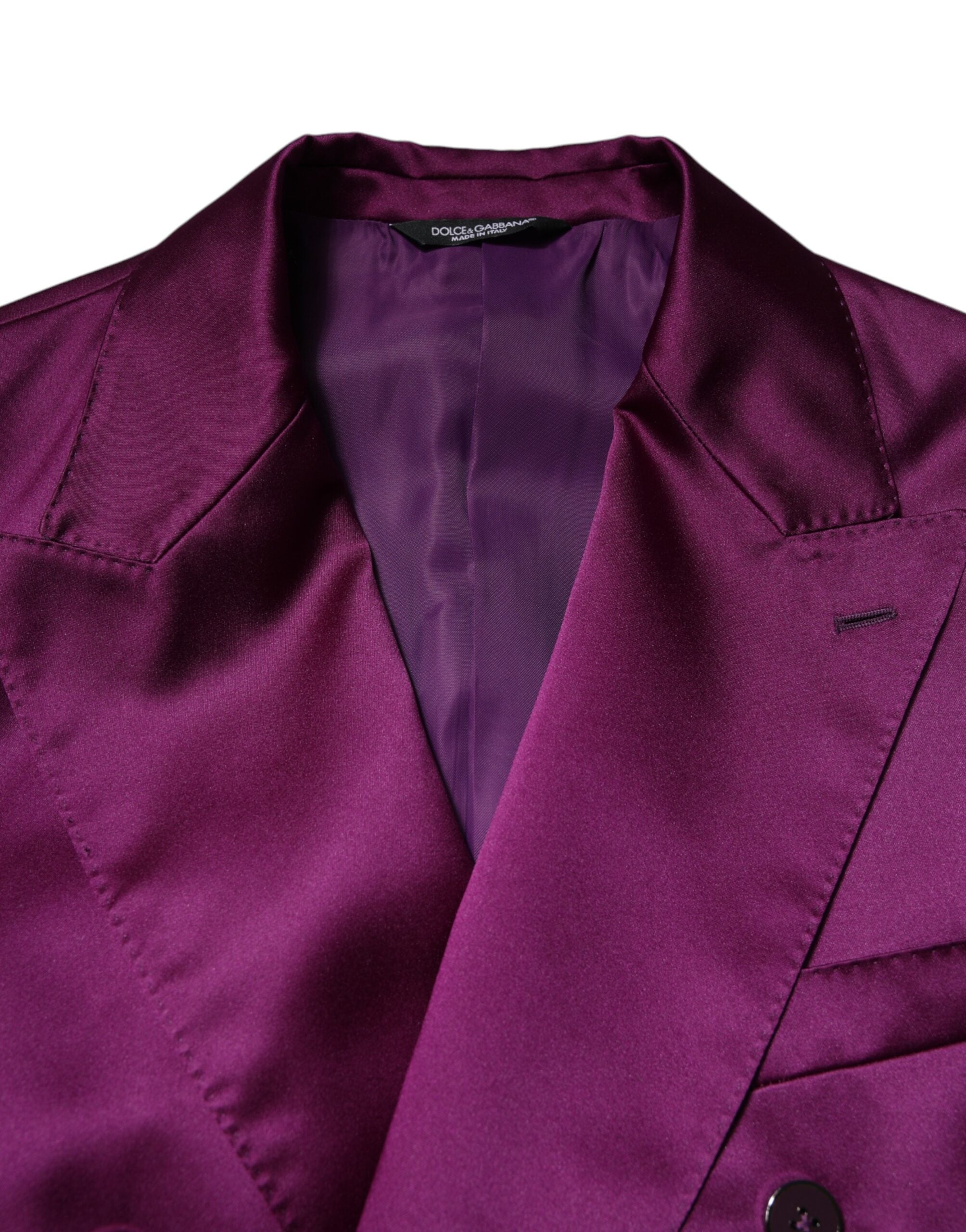 Costume homme double boutonnage Dolce & Gabbana violet avec poches et col-cravate, en tissu élégant, vue de face