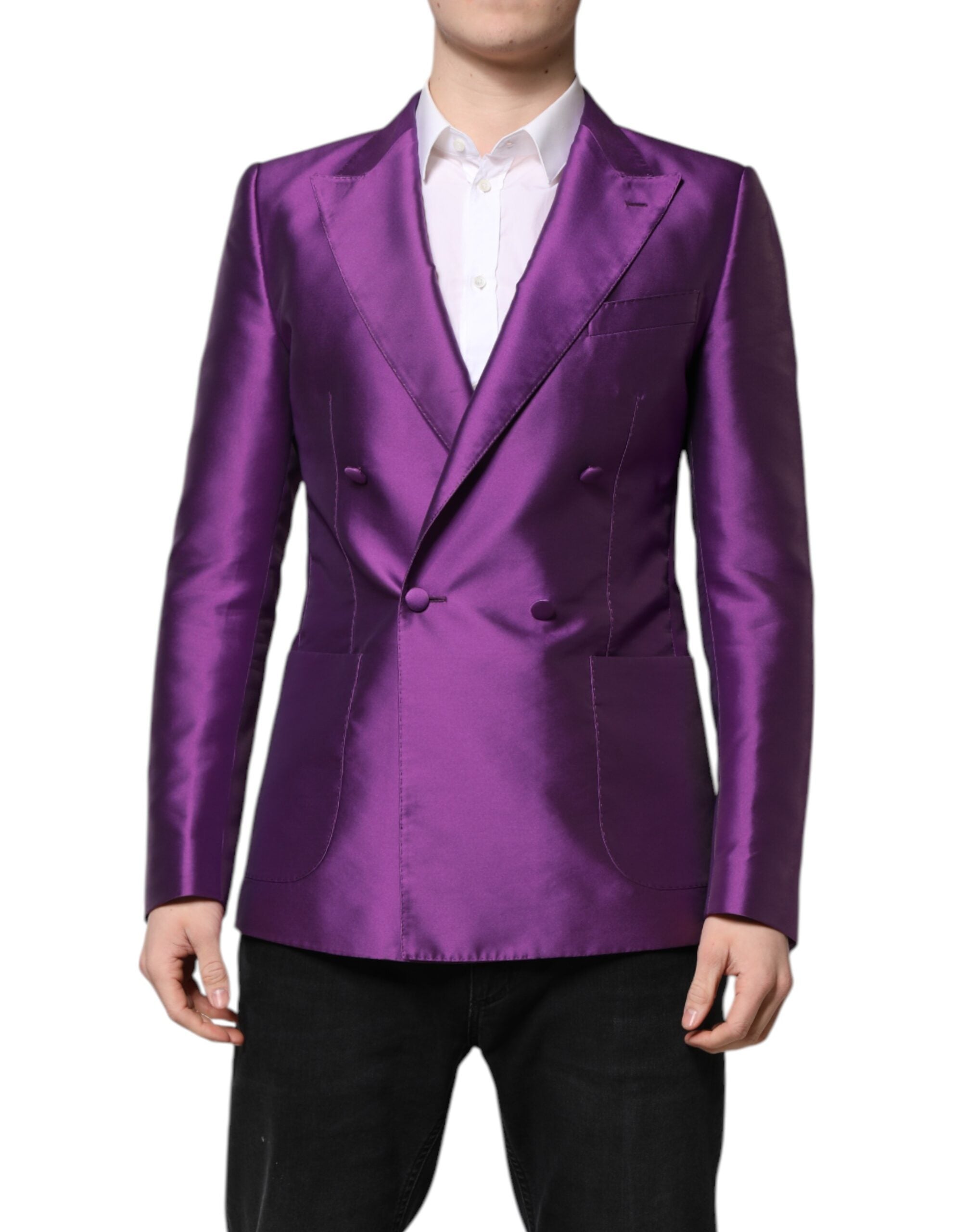 Veste blazer pour homme Dolce & Gabbana violette à double boutonnage, élégante et ajustée, vue de face sur mannequin.