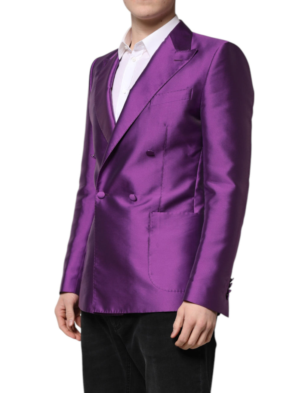 Costume homme Dolce & Gabbana violet à double boutonnage, veste blazer élégante et sophistiquée.