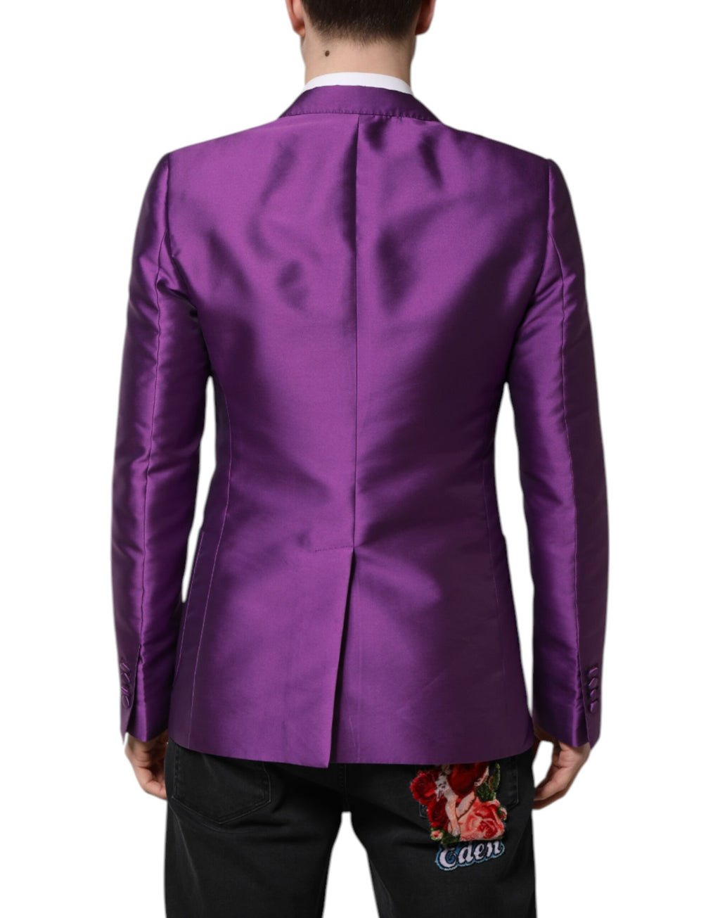 Costume pour homme Dolce & Gabbana violet à double boutonnage, blazer élégant avec poches et col classique.