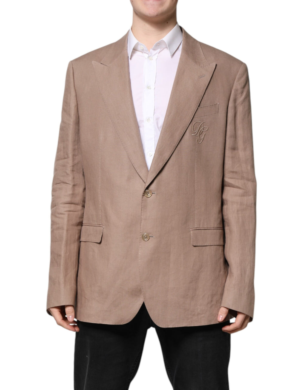 Manteau blazer beige à un bouton Dolce & Gabbana Taormina, coupe simple et élégante, porté sur un fond neutre.