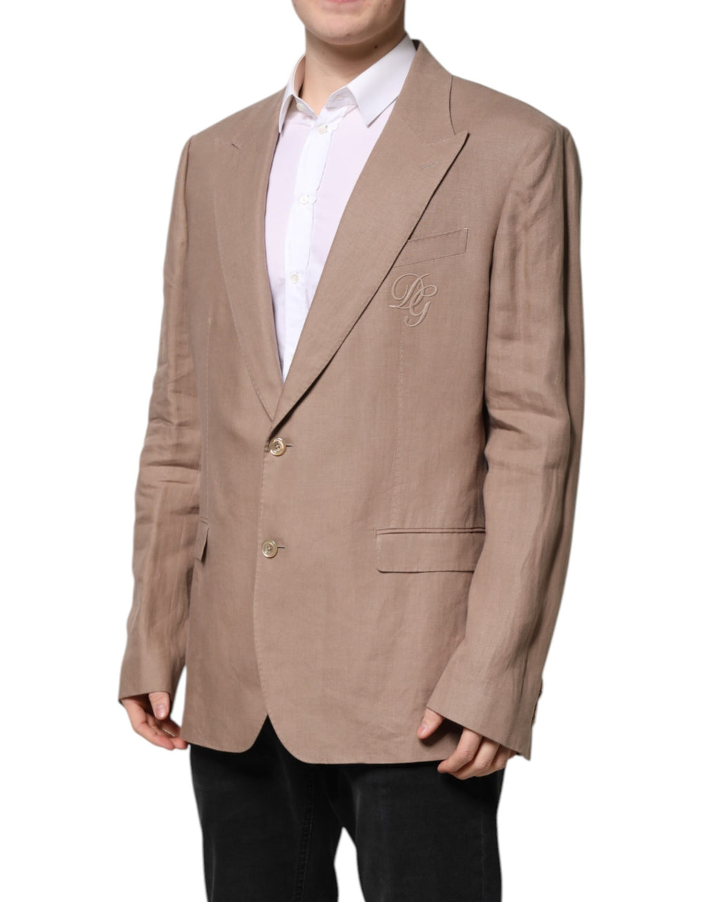 Blazer beige Dolce & Gabbana Taormina à un seul bouton, coupe classique, en tissu élégant, vue de face.