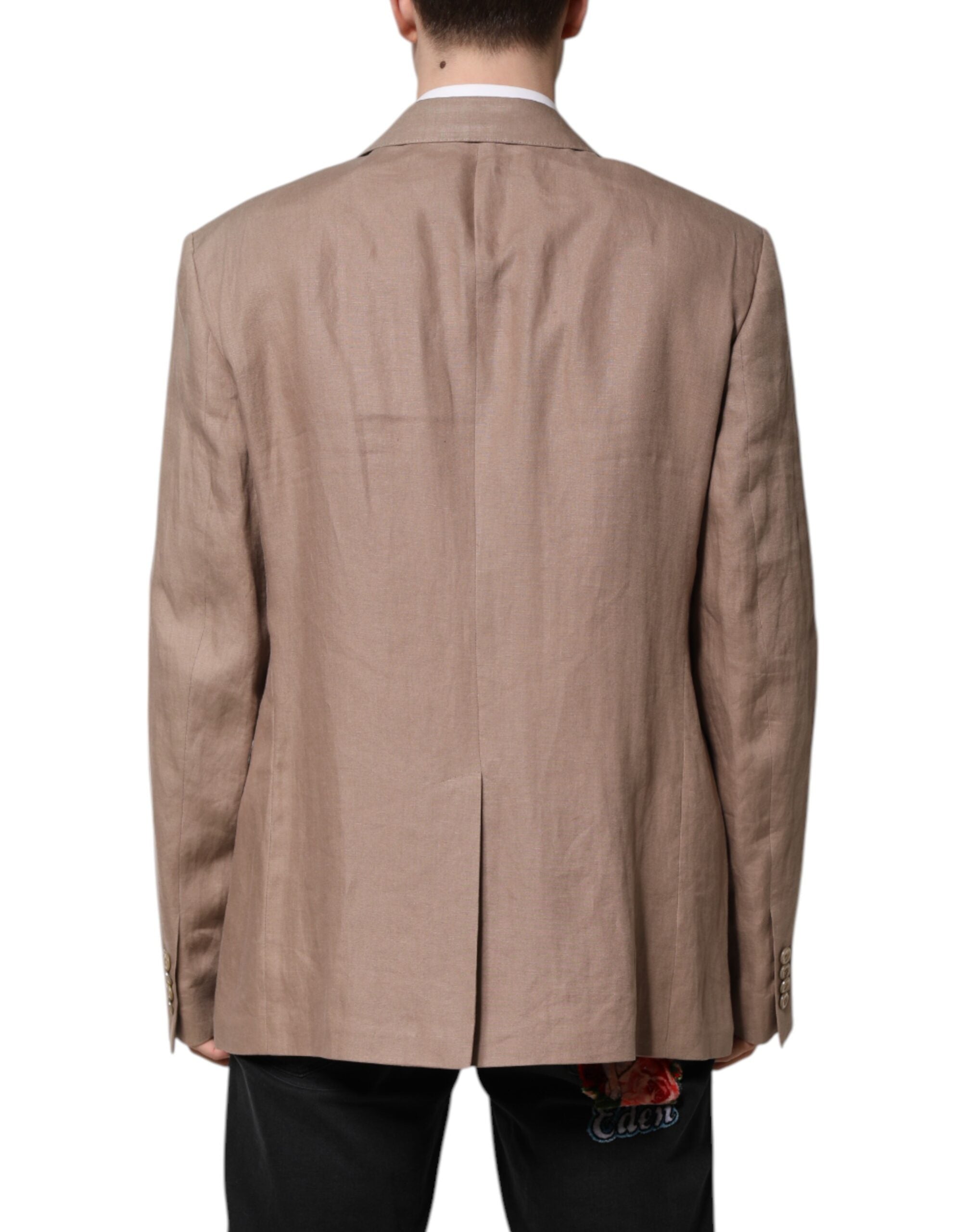 Manteau beige Dolce & Gabbana Taormina, blazer à un seul bouton, coupe élégante, détail de finition sophistiqué.