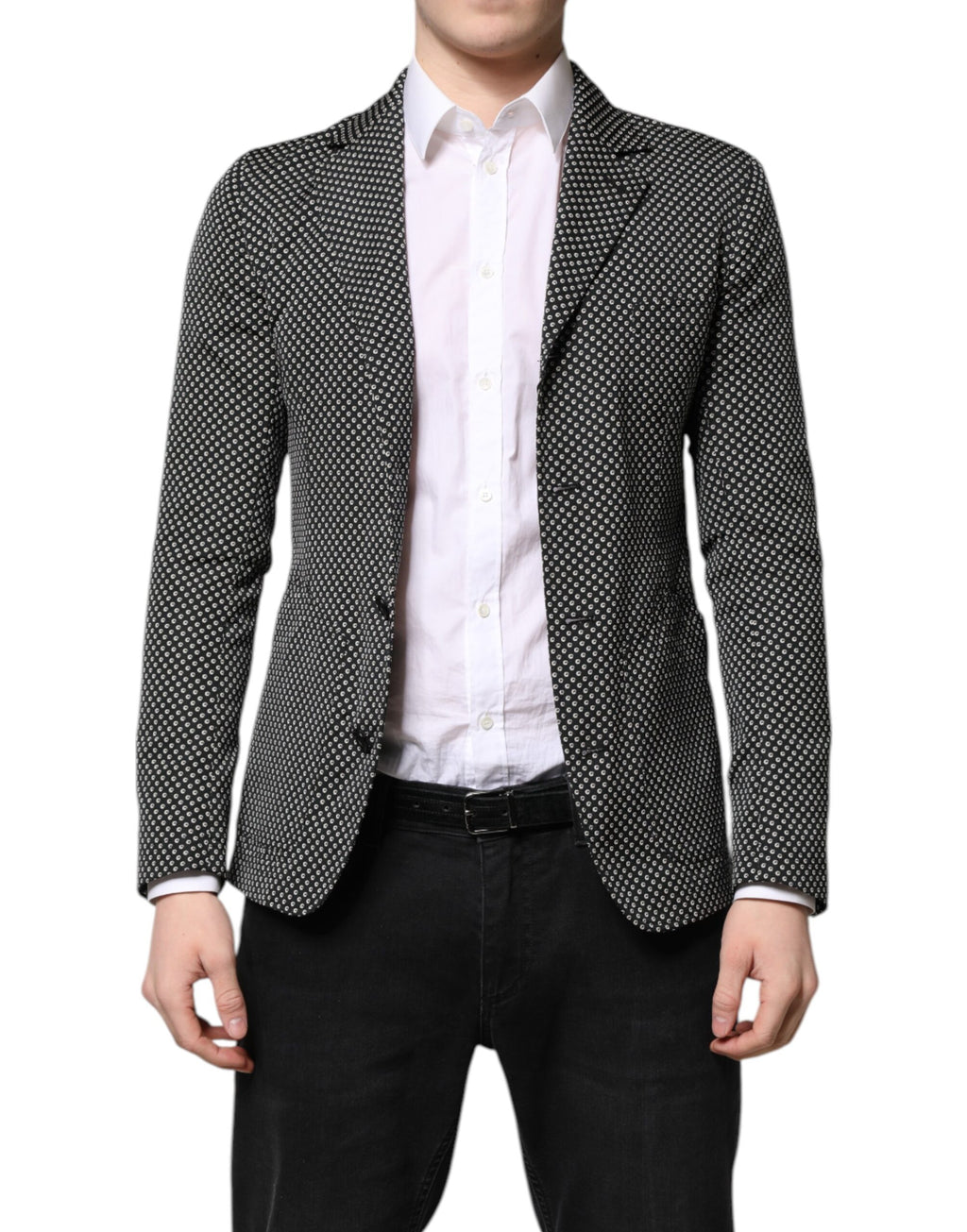 Costume pour homme Dolce & Gabbana, veste blazer noire et blanche à motif élégant, tissu sophistiqué et coupe moderne.