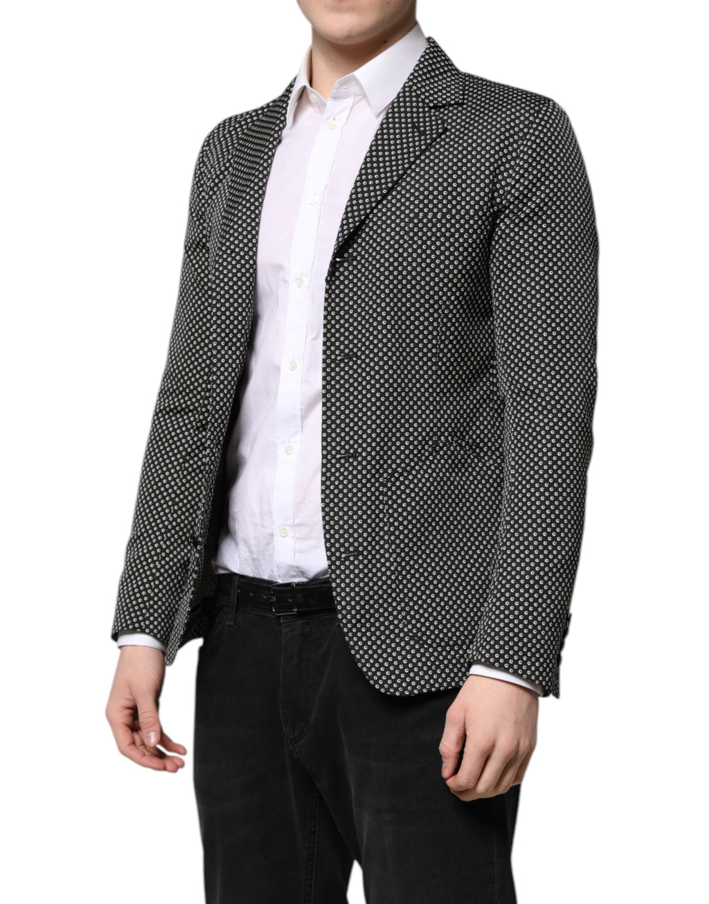 Costume homme noir et blanc Dolce & Gabbana avec motif, blazer élégant en laine pour occasion spéciale.