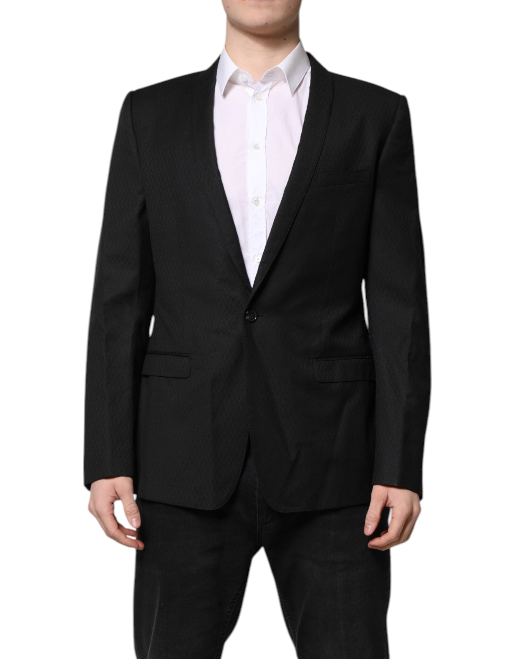 Veste blazer noire Dolce & Gabbana à une boutonnière avec détails dorés, coupe classique et élégante.