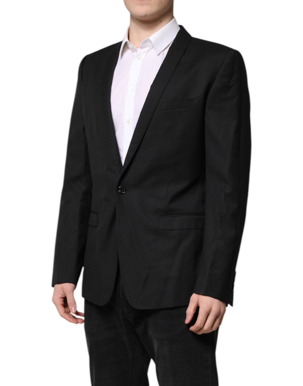 Costume blazer noir Dolce & Gabbana à un bouton, coupe croisée, avec détails dorés visibles sur l'image.