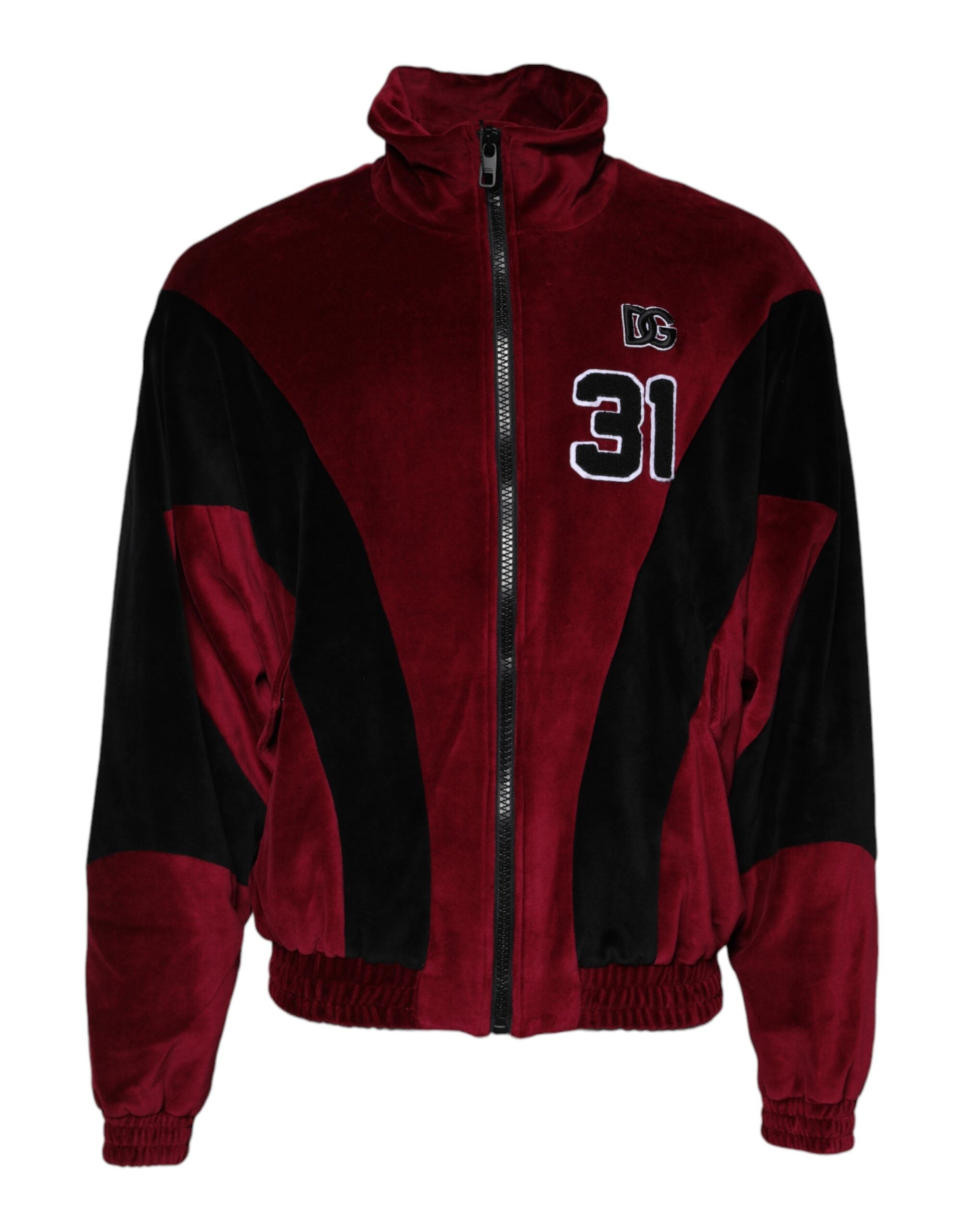 Veste bomber Dolce & Gabbana en coton rouge et noir avec logo, fermeture éclair pleine longueur, style décontracté et tendance.