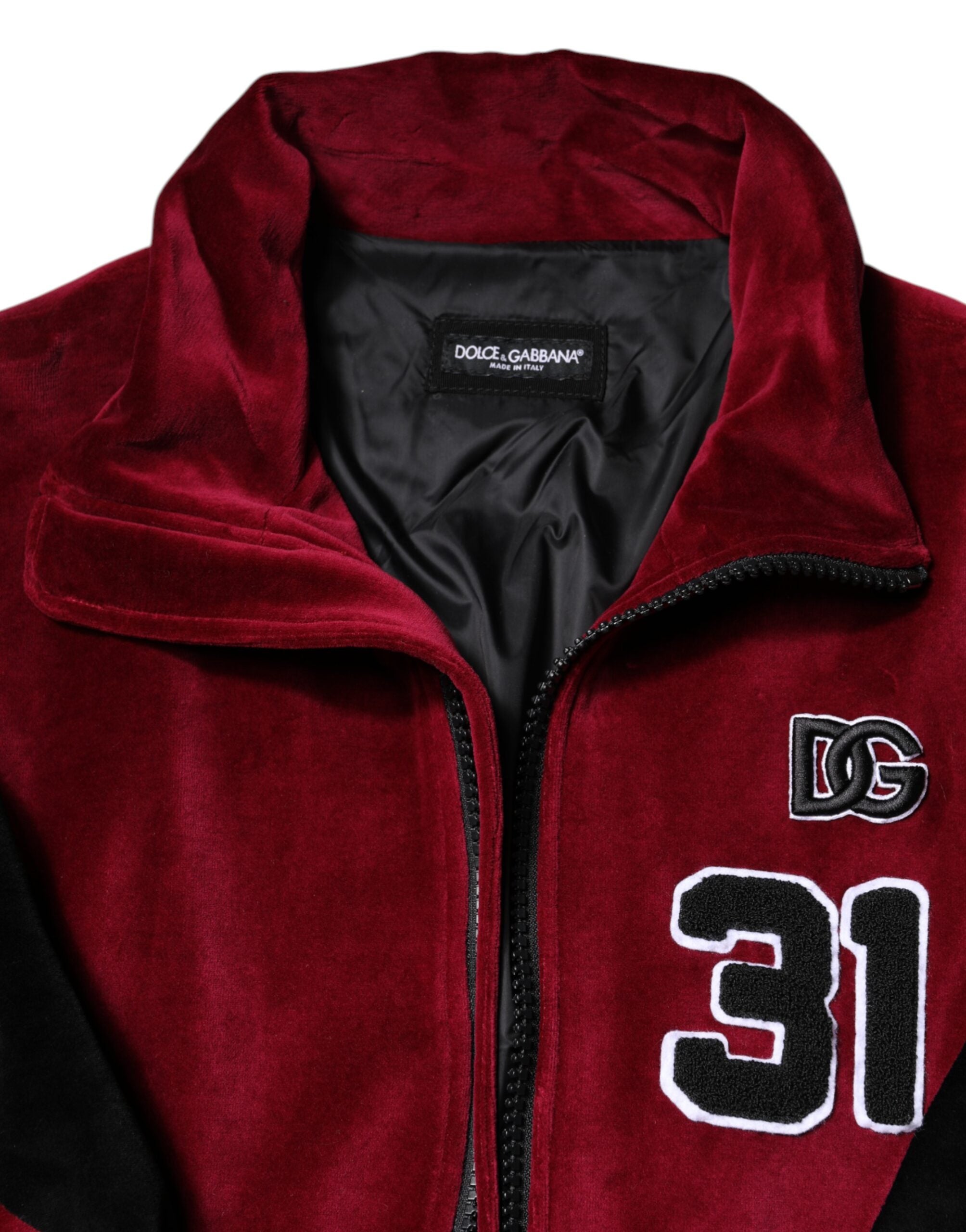 Veste bomber Dolce & Gabbana en coton rouge et noir avec logo, fermeture éclair complète, style décontracté et tendance.