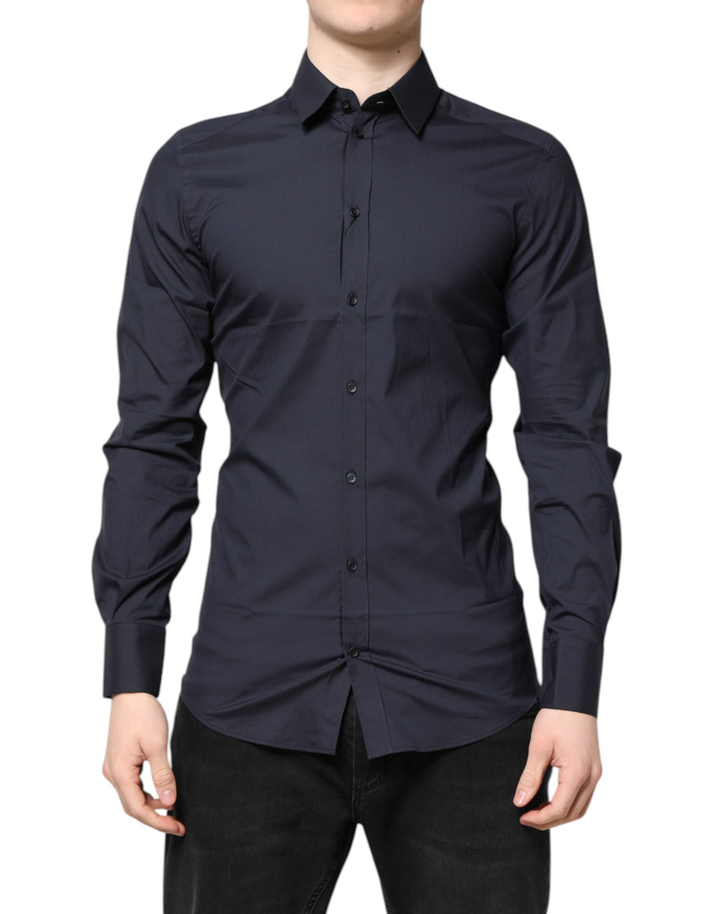 Chemise habillée en coton bleu foncé avec détails dorés de Dolce & Gabbana, style formel et élégance raffinée.