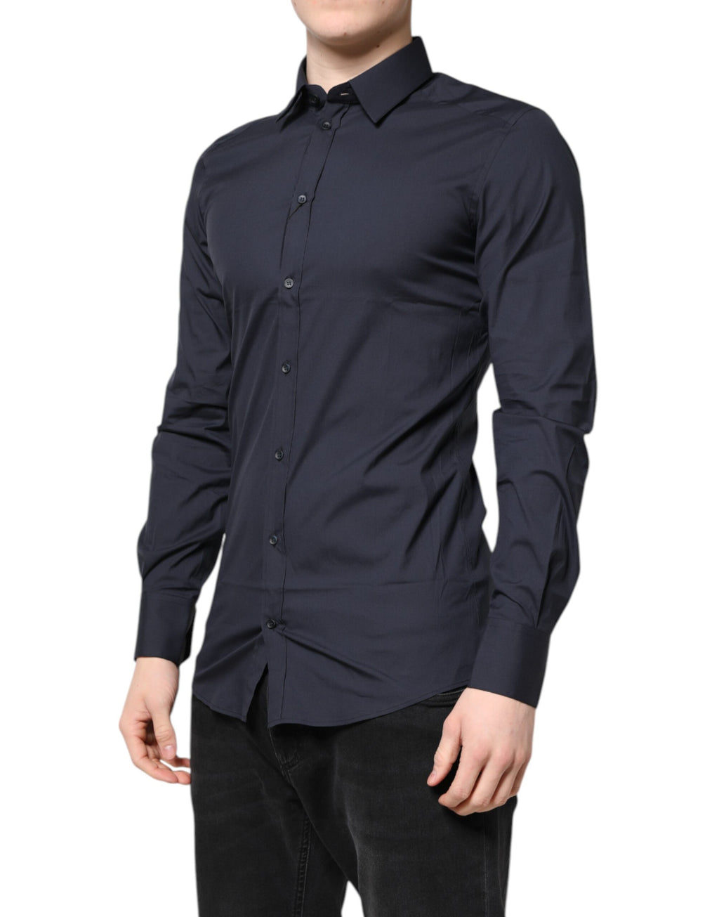 Chemise formelle en coton bleu foncé avec détails dorés de Dolce & Gabbana, vêtement élégant pour occasion spéciale.