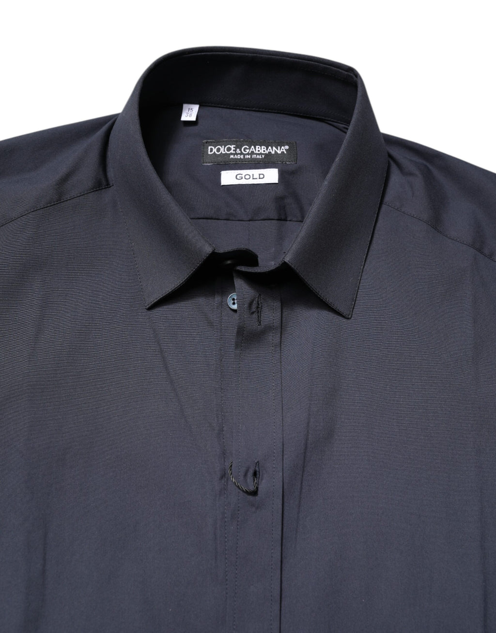 Chemise formelle Dolce & Gabbana en coton bleu foncé avec détails dorés, élégante et sophistiquée.