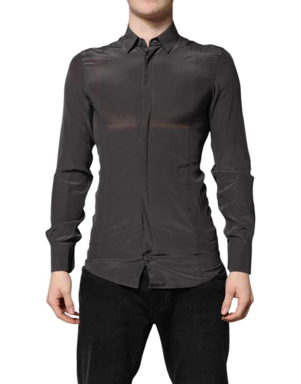 Chemise formelle en soie gris foncé Dolce & Gabbana avec détails dorés, élégante et sophistiquée.