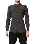 Chemise formelle en soie gris foncé Dolce & Gabbana avec détails dorés, élégante et sophistiquée.