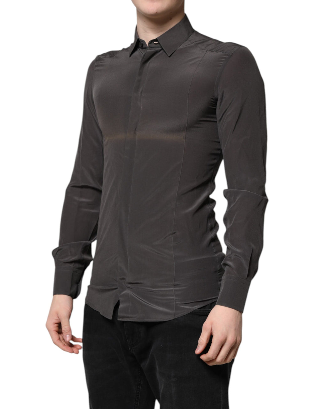 Chemise formelle en soie gris foncé Dolce & Gabbana, avec détails en or, élégante et sophistiquée.