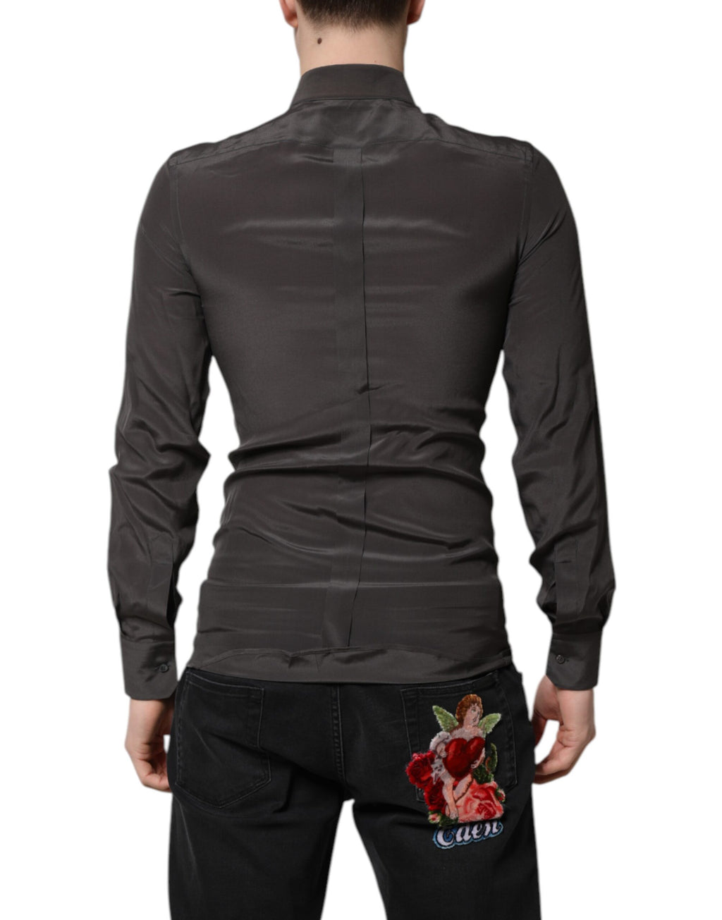 Chemise formelle en soie gris foncé Dolce & Gabbana avec détails dorés, visible sur l'image.