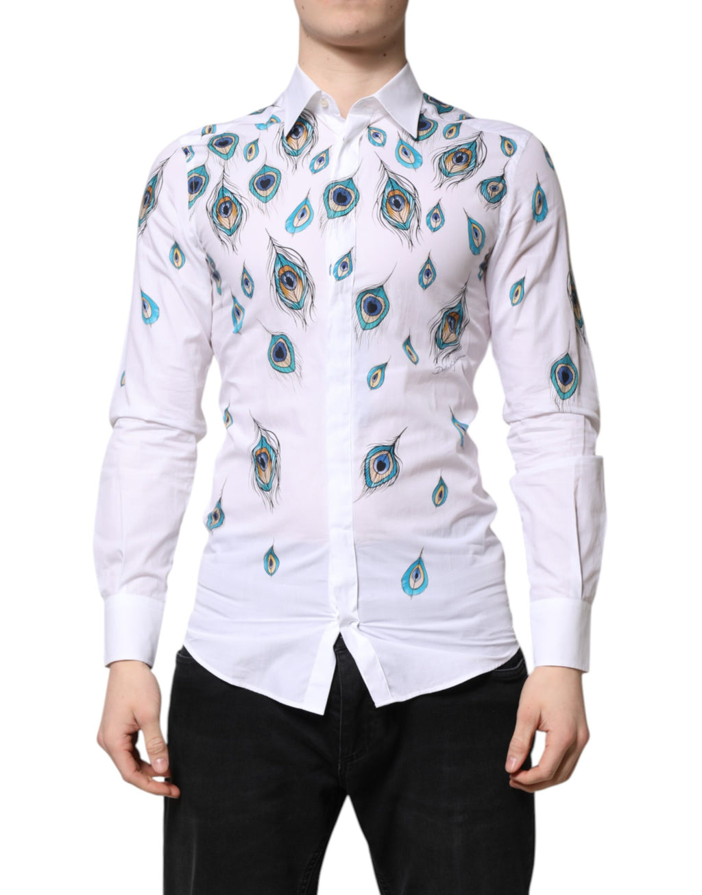 Chemise Dolce & Gabbana blanche en coton avec motif plumes et accents dorés, élégante chemise pour homme.