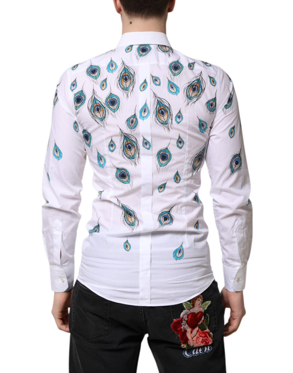 Chemise blanche Dolce & Gabbana en coton avec motif plumes et détails dorés, élégante et sophistiquée.