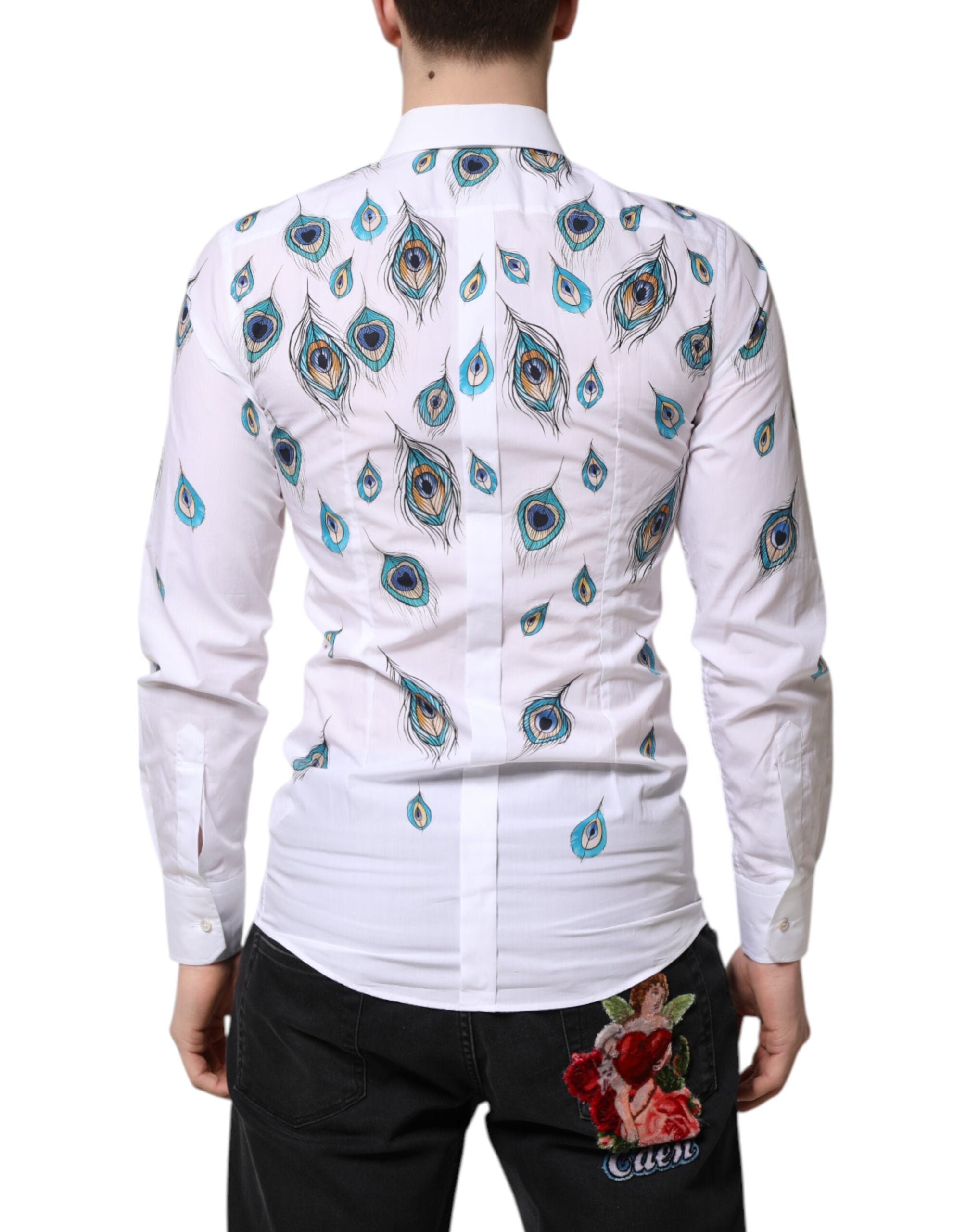 Chemise blanche Dolce & Gabbana en coton avec motif plumes et détails dorés, élégante et sophistiquée.