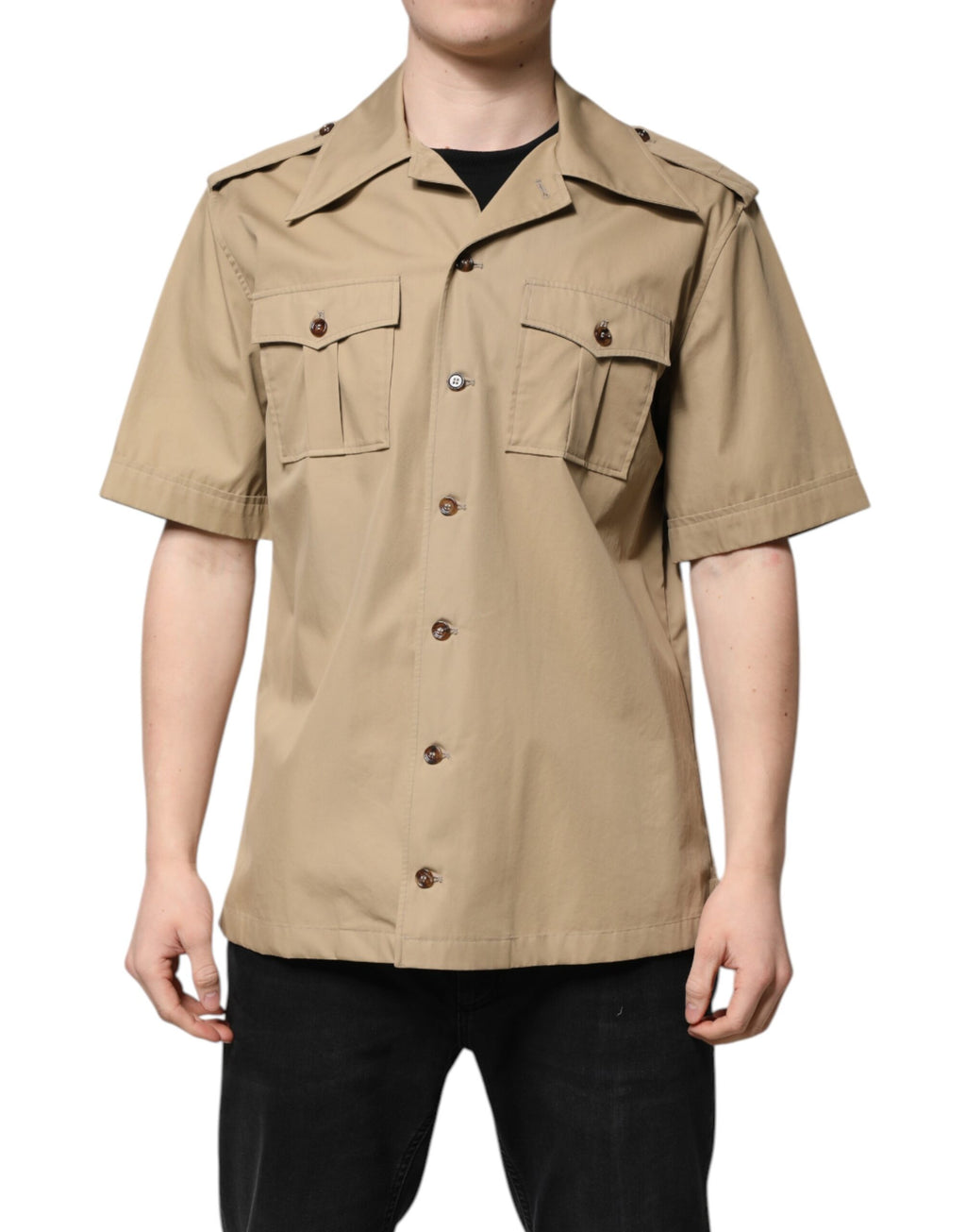Chemise à manches courtes Dolce & Gabbana à imprimé graphique brun, style élégant et moderne, visible avec motif coloré.
