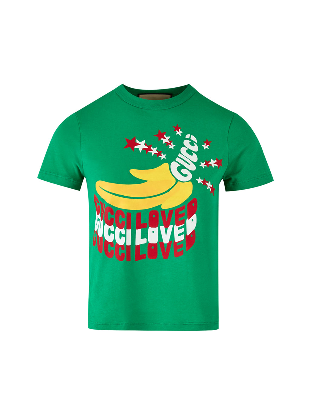 T-shirt en coton vert Gucci avec logo de la marque, porté, vue frontale.