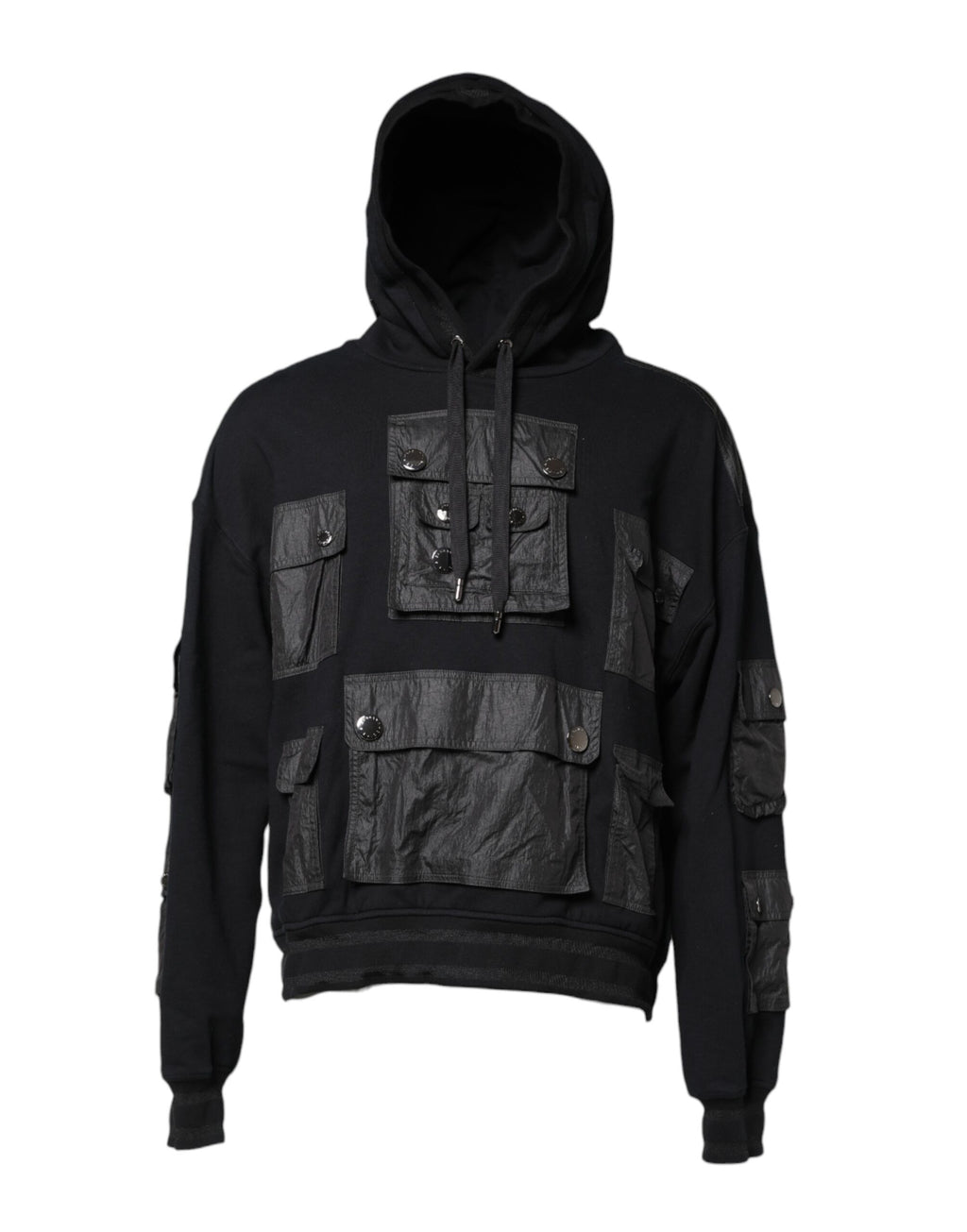 Sweat à capuche noir en coton de Dolce & Gabbana, pull décontracté avec logo discret, porté sur un mannequin.