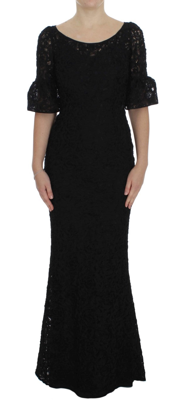 Robe longue noire en dentelle florale Dolce & Gabbana, silhouette bodycon, maxi élégante pour femmes.