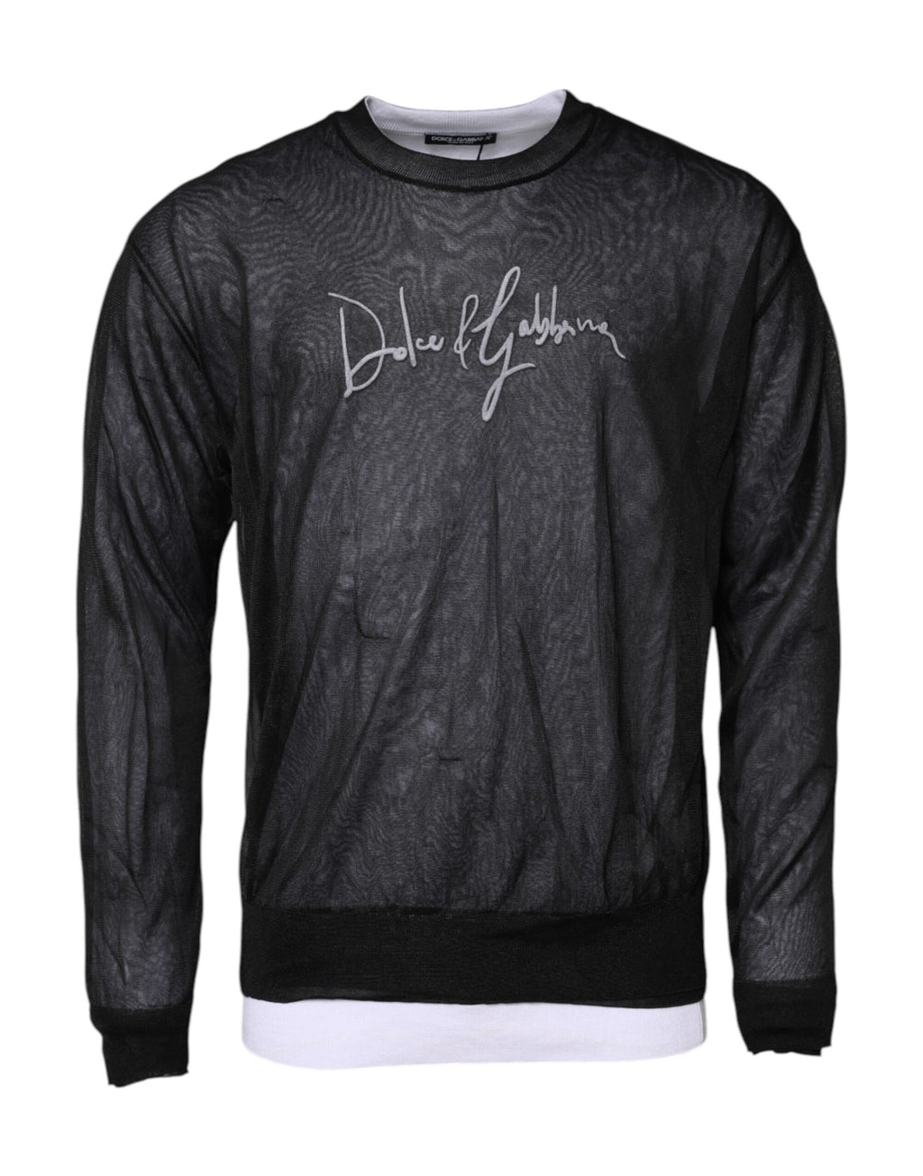 Pull noir et blanc en maille avec logo Dolce & Gabbana, doux et confortable, porté sur un mannequin.