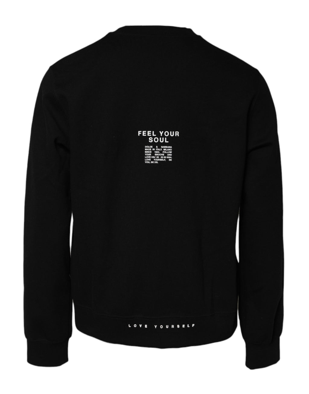 Pull noir en coton Dolce & Gabbana avec logo tissé, sweat-shirt à col rond et manches longues, vue de face.