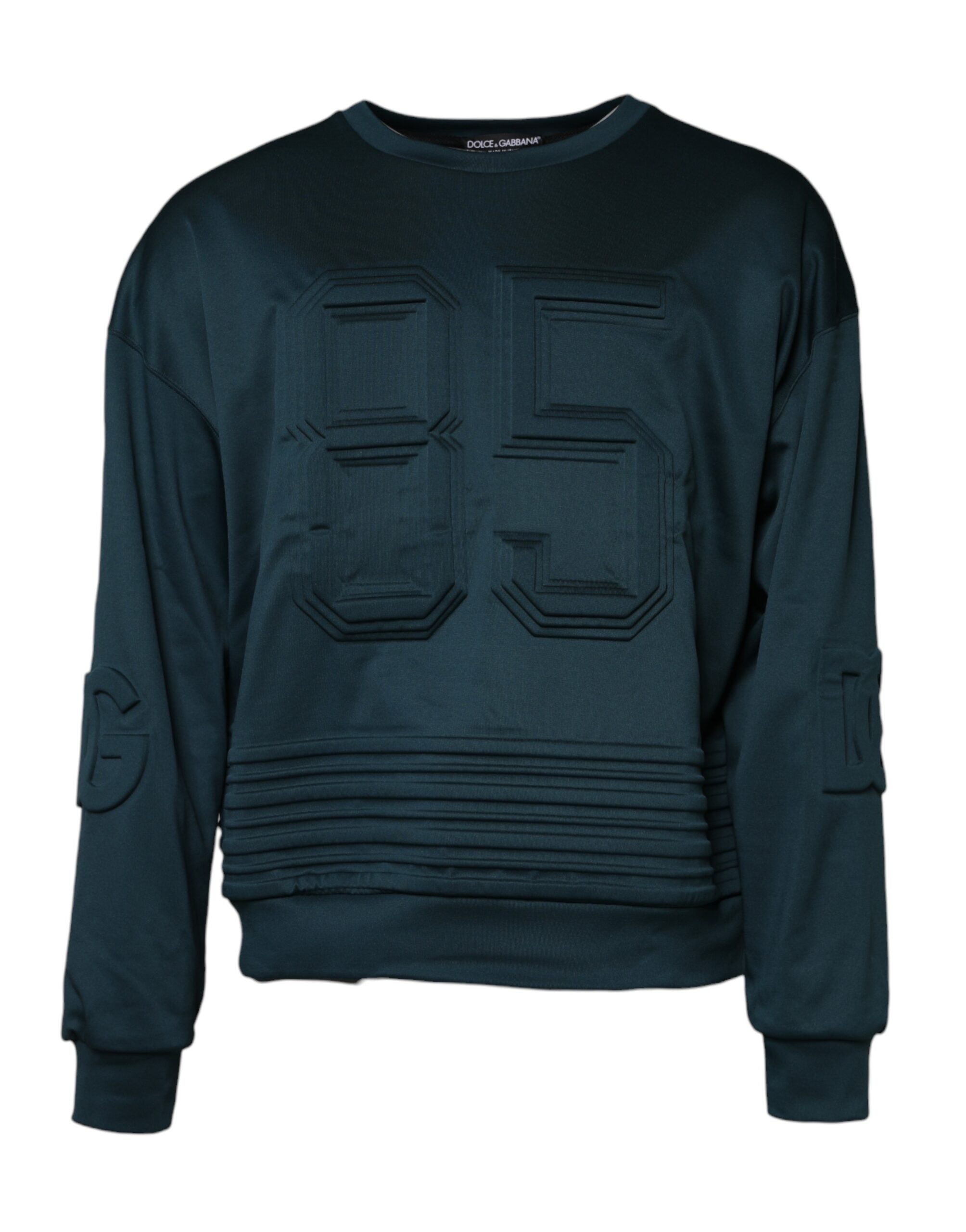 Pull en cachemire vert foncé Dolce & Gabbana avec logo embossé, porté sur un mannequin.