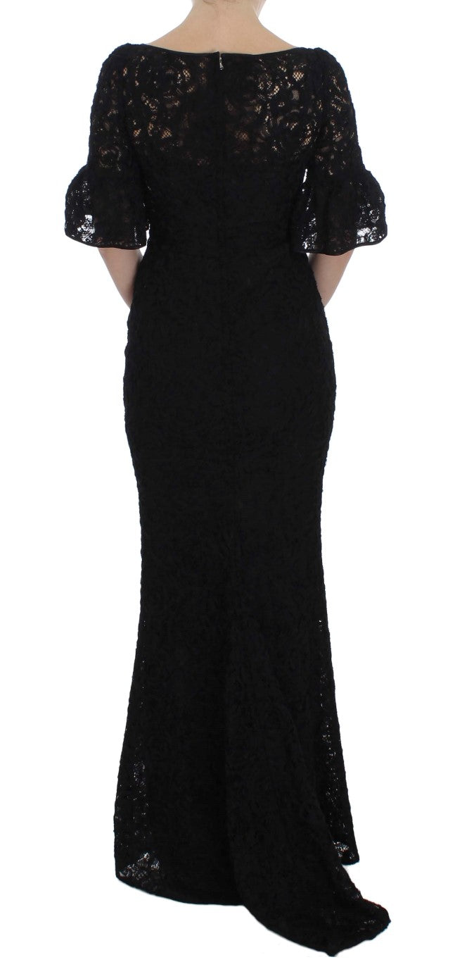 Robe longue noire en dentelle florale Dolce & Gabbana, robe bodycon maxi élégante avec détails en dentelle sophistiquée.
