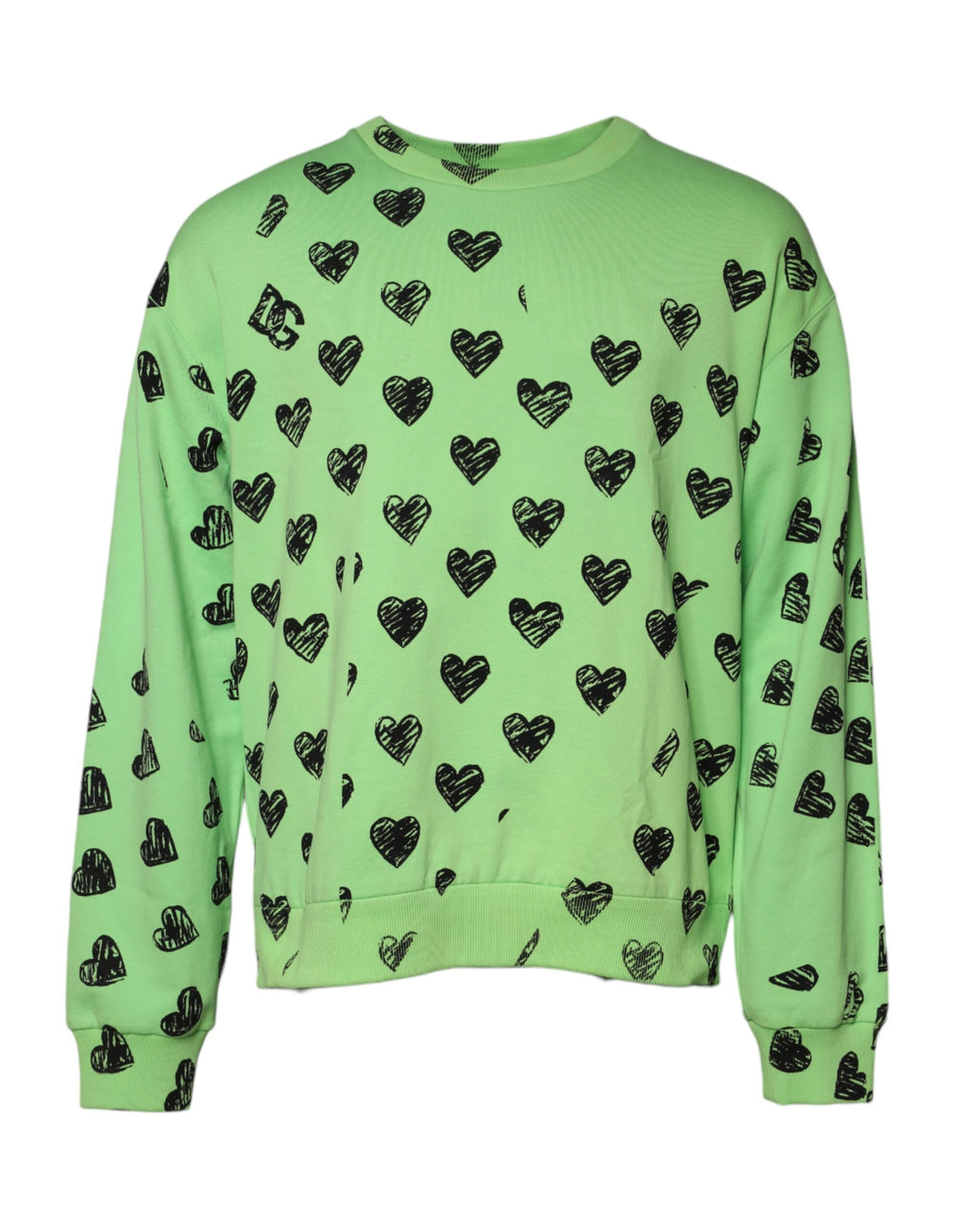 Pull à col rond Dolce & Gabbana vert avec motif cœur imprimé, doux et confortable, idéal pour un style tendance et élégant.