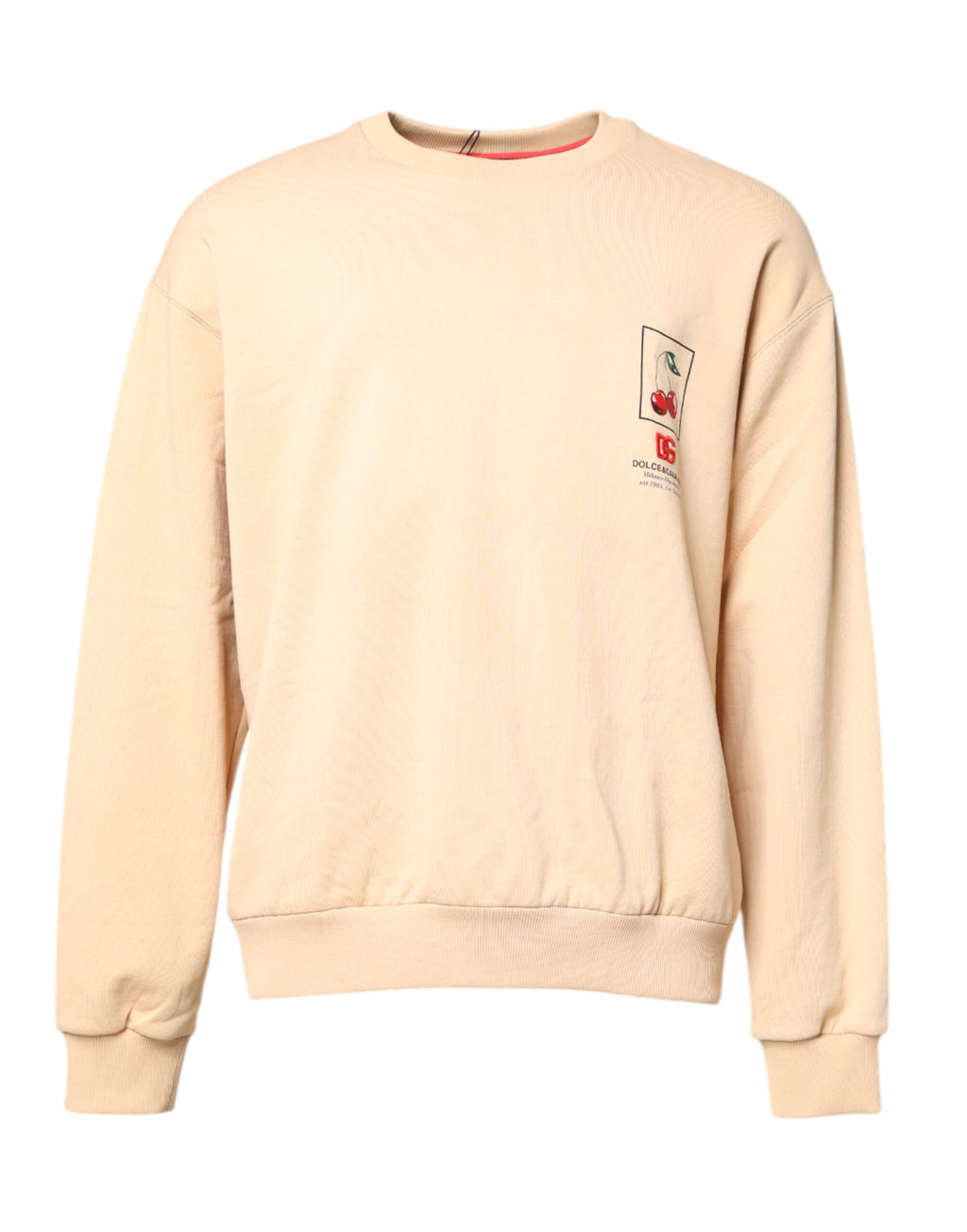 Pull-over Dolce & Gabbana beige à imprimé cerises, col rond, style décontracté et élégant, en maille confortable.