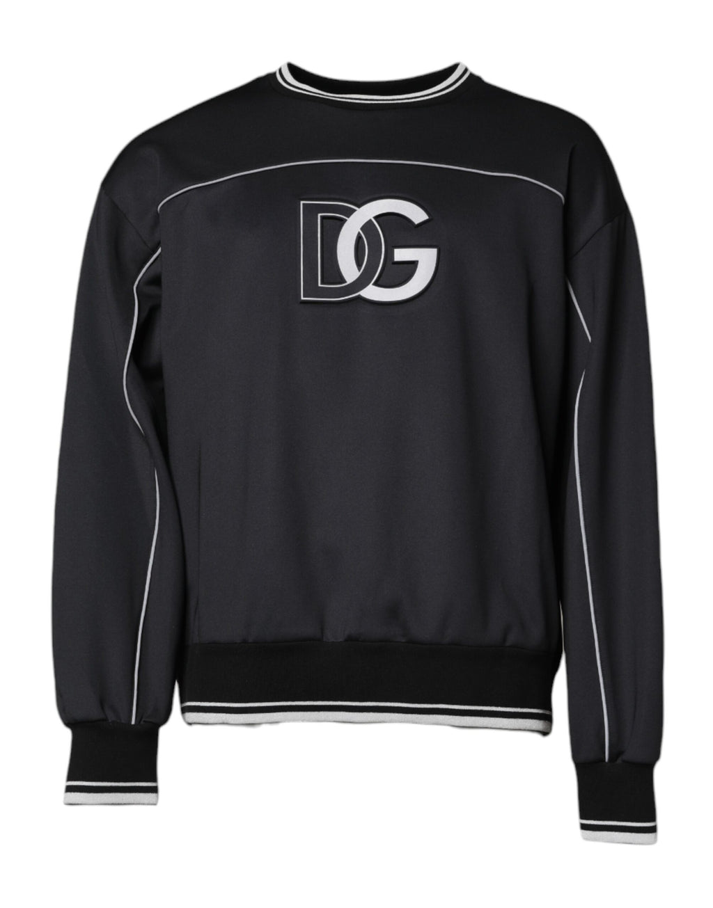 Pull à manches longues Dolce & Gabbana en polyester noir avec logo, col rond, pour homme, élégant et confortable.