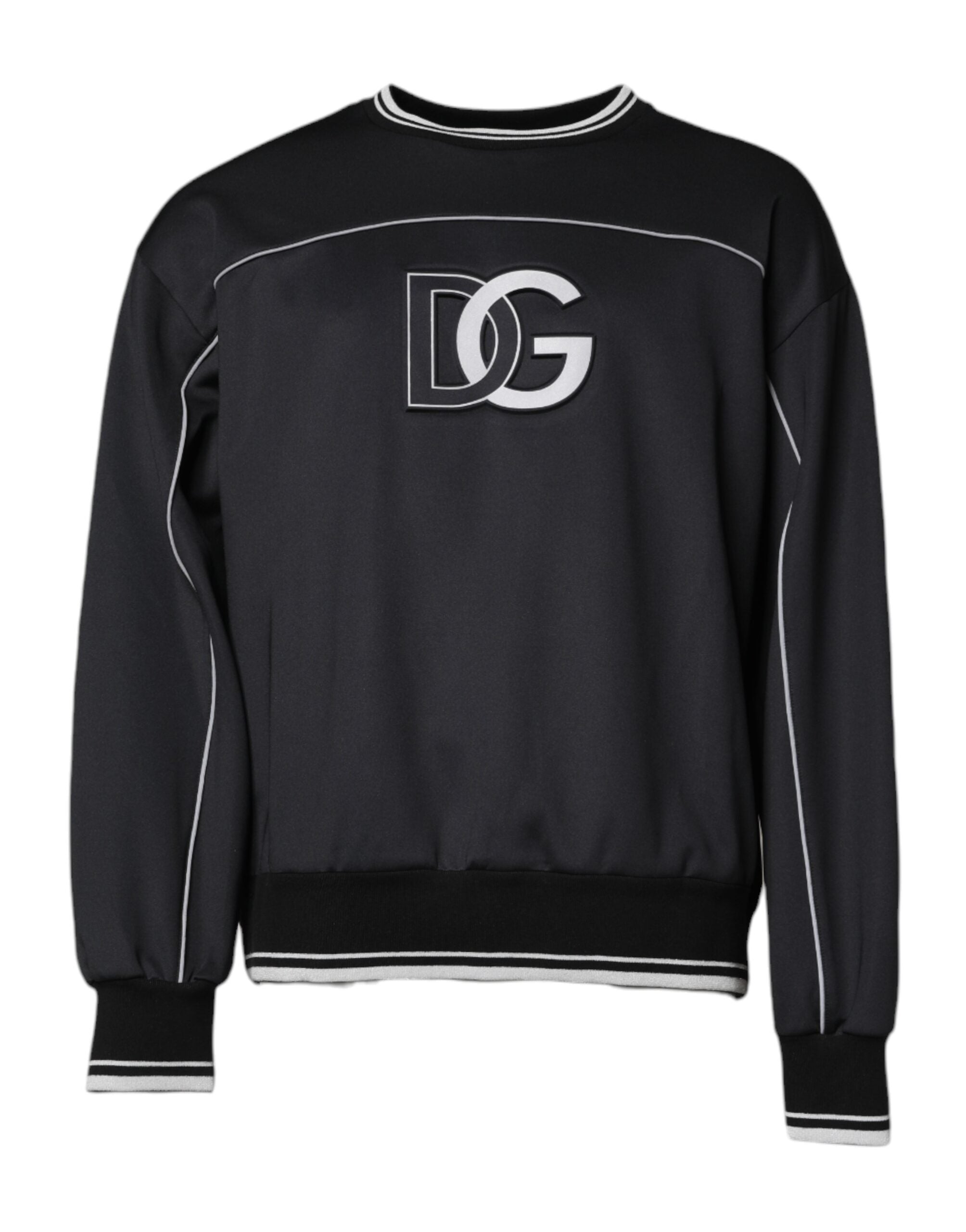 Pull à manches longues Dolce & Gabbana en polyester noir avec logo, col rond, pour homme, élégant et confortable.